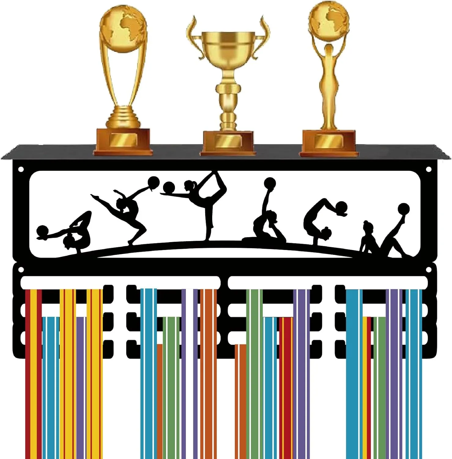 CREATCABIN Gymnastics Medal Holder Trophy Shelf Display with 12 Hooks Artistic Figure Sports Metal Medal Hanger for Wall Mount Hold 60  Sports Medals Awards Ribbons Display Rack with Shelf 15.7x8x4in