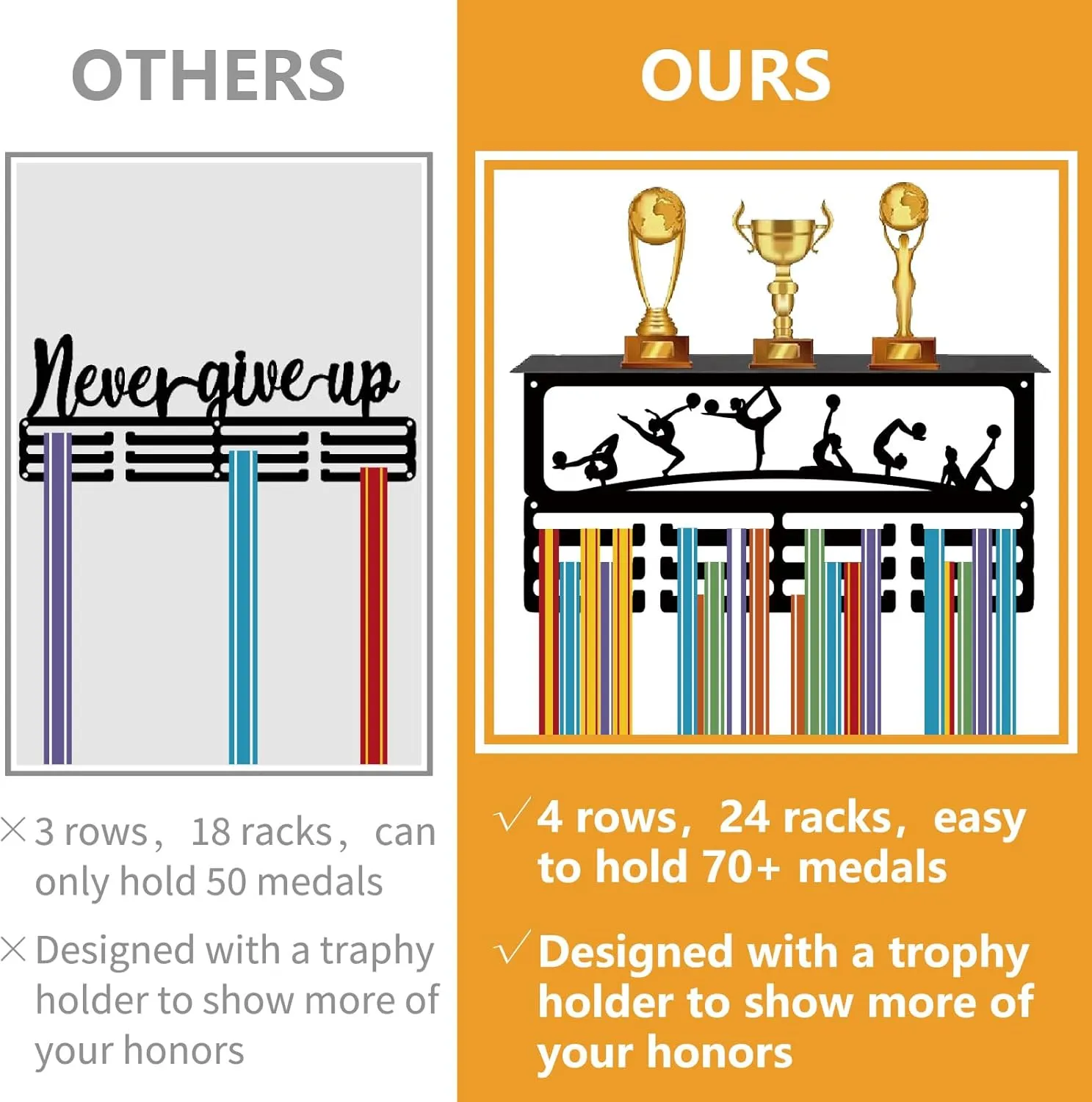 CREATCABIN Gymnastics Medal Holder Trophy Shelf Display with 12 Hooks Artistic Figure Sports Metal Medal Hanger for Wall Mount Hold 60  Sports Medals Awards Ribbons Display Rack with Shelf 15.7x8x4in