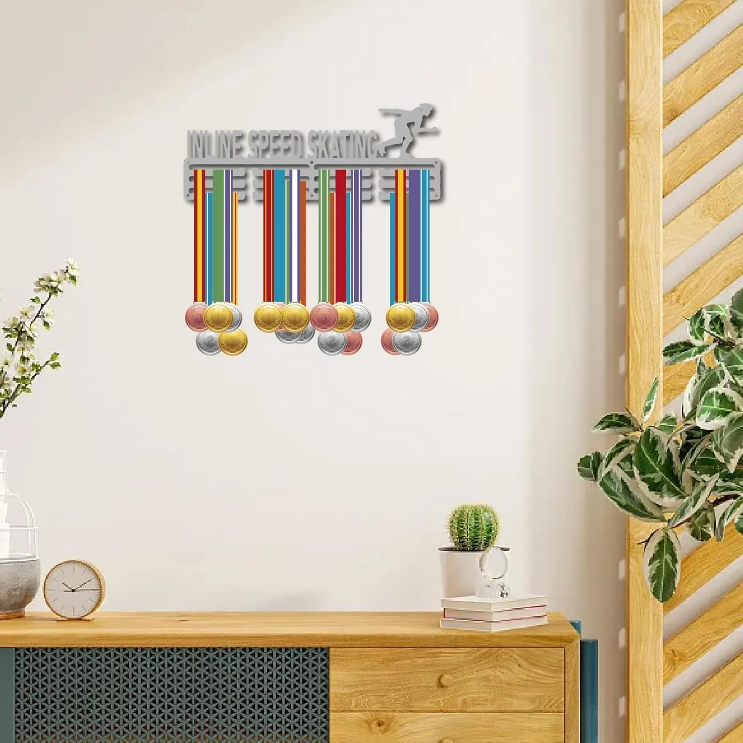 CREATCABIN Inline Speed Skating Medal Holder Display Sports Medal Hanger Rack Wall Mount Frame Iron with 12 Hooks Silver Medal Hangers for Hanging Over 60 Medals Athlete Awards 15.7 x 5.9 Inch