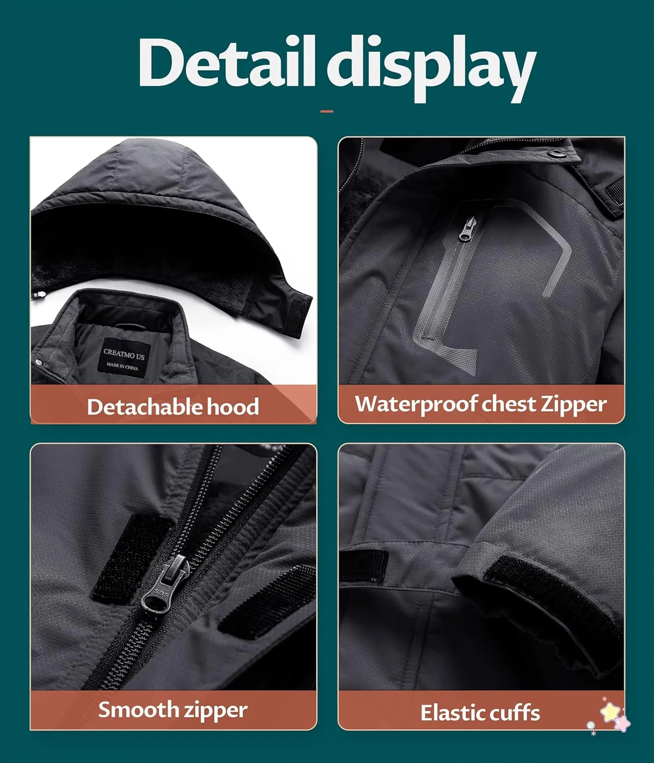 CREATMO US Boy's Waterproof Ski Jacket Warm Winter Snow Coat Windproof Snowboarding Rain Jacket