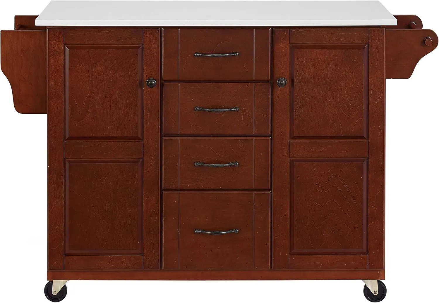 Crosley Furniture Eleanor Stone Top Rolling Cart and Kitchen Island with Spice Rack, Drawers and Shelves, Mahogany