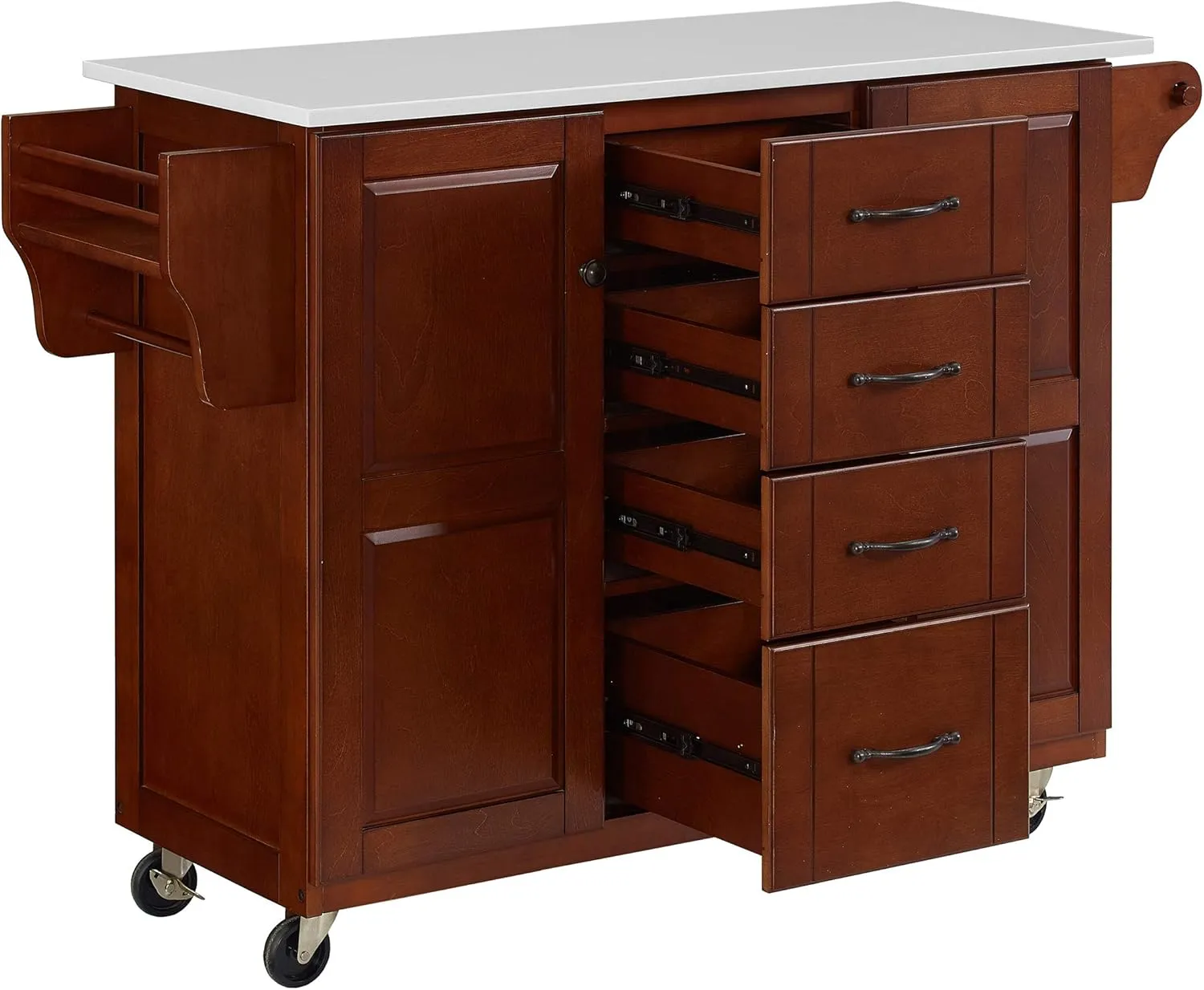 Crosley Furniture Eleanor Stone Top Rolling Cart and Kitchen Island with Spice Rack, Drawers and Shelves, Mahogany