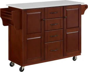 Crosley Furniture Eleanor Stone Top Rolling Cart and Kitchen Island with Spice Rack, Drawers and Shelves, Mahogany