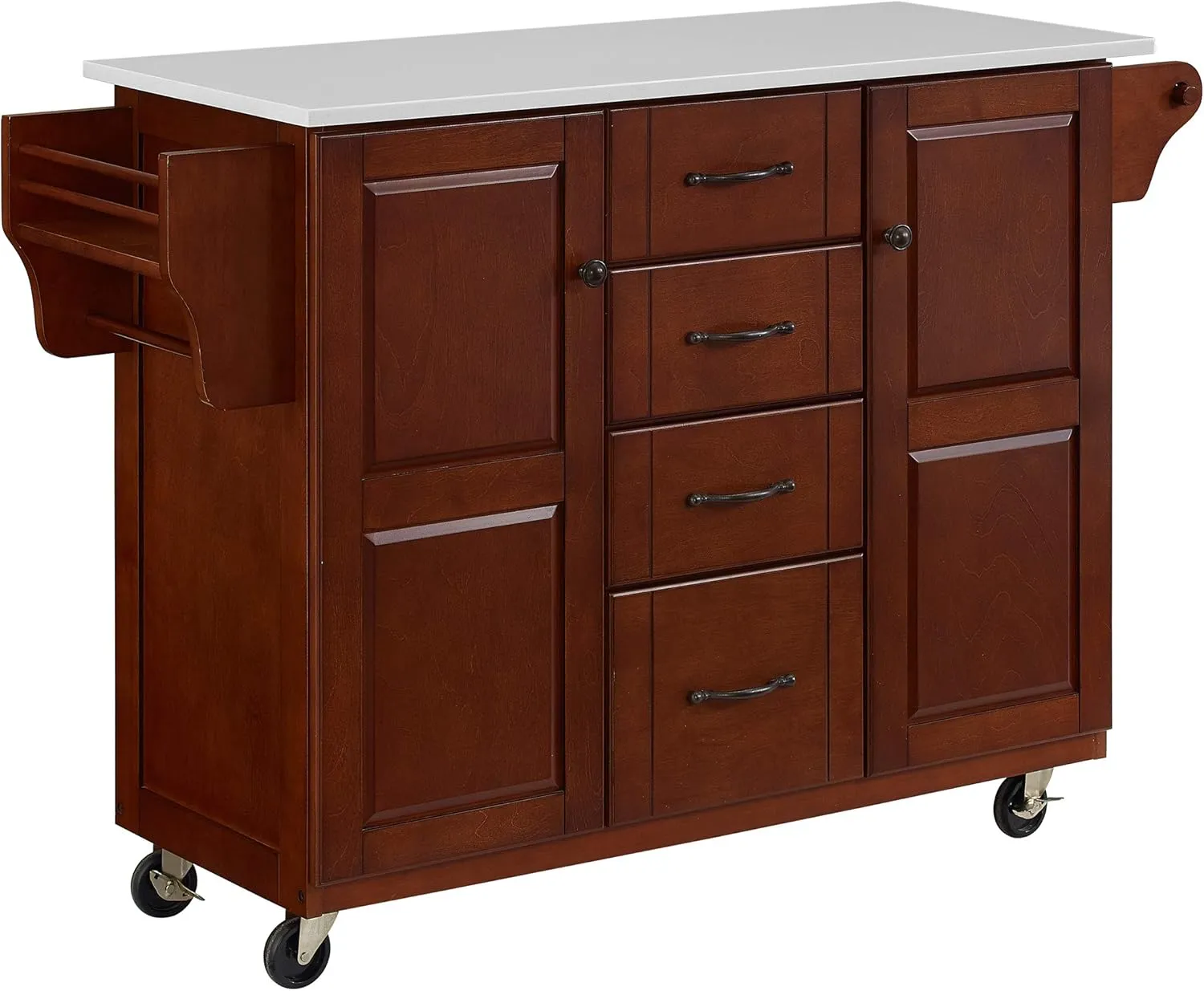 Crosley Furniture Eleanor Stone Top Rolling Cart and Kitchen Island with Spice Rack, Drawers and Shelves, Mahogany