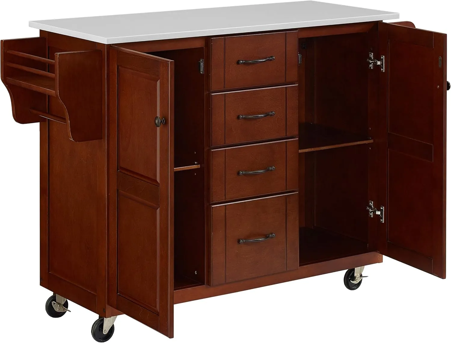 Crosley Furniture Eleanor Stone Top Rolling Cart and Kitchen Island with Spice Rack, Drawers and Shelves, Mahogany