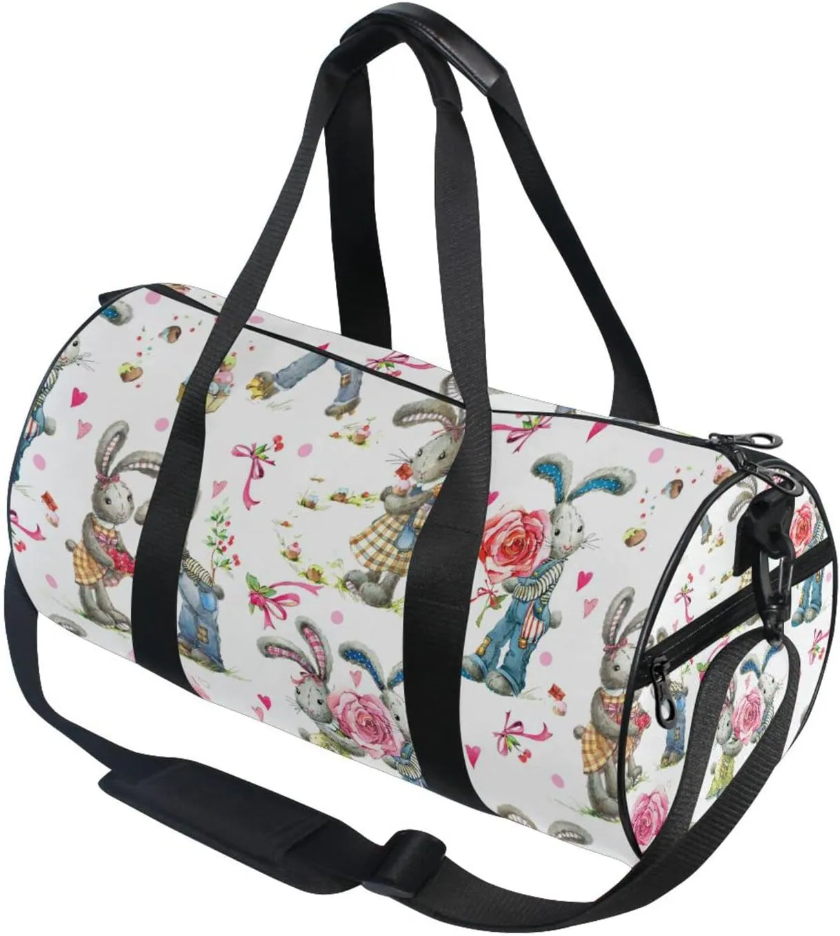 Cute Bunny Rabbit Pink Rose on White for Valentine day Duffel Bag, Foldable Canvas Travel Tote for Gym Sports with Inner Pockets, Durable Lightweight Fitness Bag for Overnight Workout