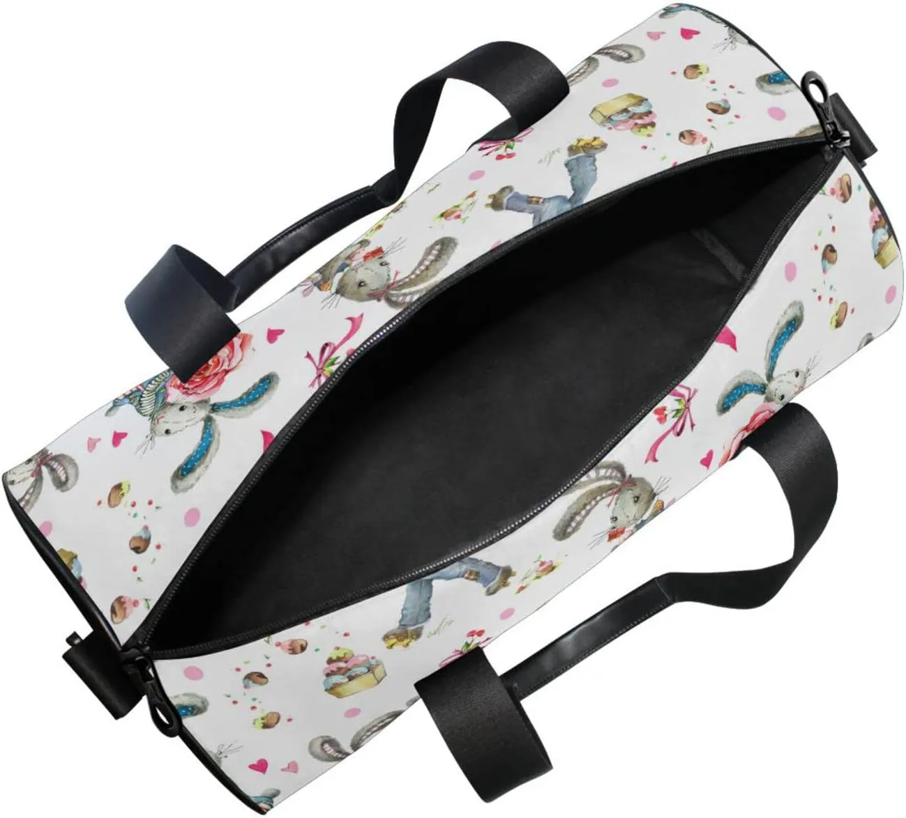 Cute Bunny Rabbit Pink Rose on White for Valentine day Duffel Bag, Foldable Canvas Travel Tote for Gym Sports with Inner Pockets, Durable Lightweight Fitness Bag for Overnight Workout