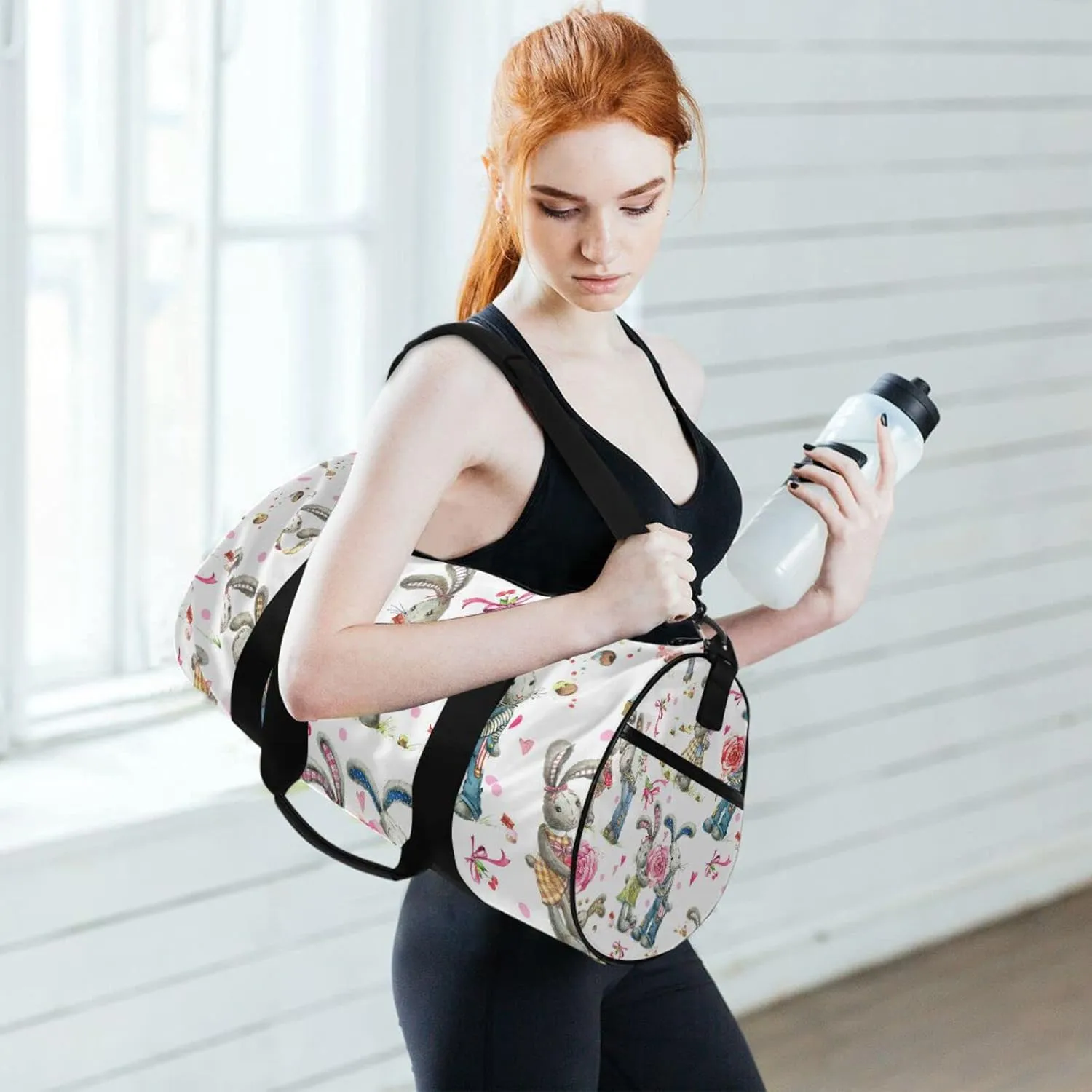 Cute Bunny Rabbit Pink Rose on White for Valentine day Duffel Bag, Foldable Canvas Travel Tote for Gym Sports with Inner Pockets, Durable Lightweight Fitness Bag for Overnight Workout