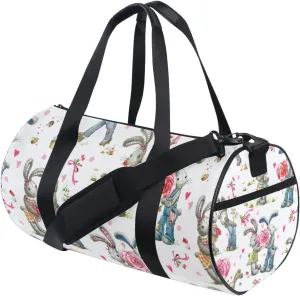 Cute Bunny Rabbit Pink Rose on White for Valentine day Duffel Bag, Foldable Canvas Travel Tote for Gym Sports with Inner Pockets, Durable Lightweight Fitness Bag for Overnight Workout