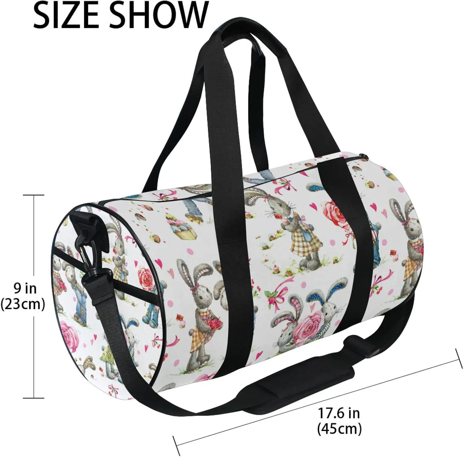 Cute Bunny Rabbit Pink Rose on White for Valentine day Duffel Bag, Foldable Canvas Travel Tote for Gym Sports with Inner Pockets, Durable Lightweight Fitness Bag for Overnight Workout