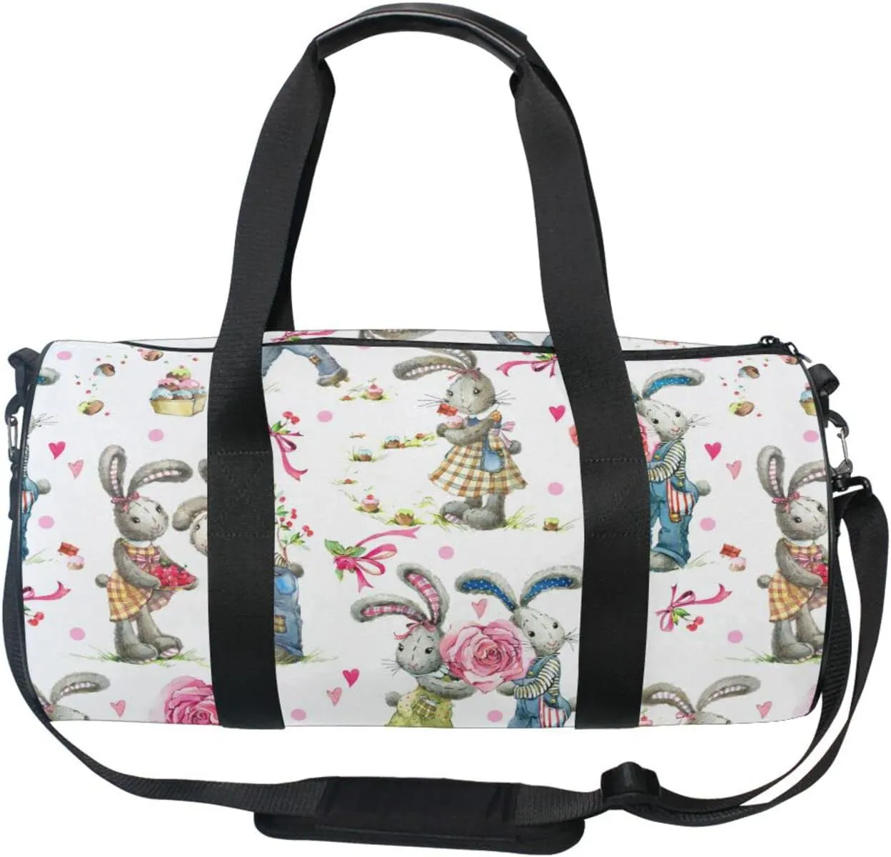 Cute Bunny Rabbit Pink Rose on White for Valentine day Duffel Bag, Foldable Canvas Travel Tote for Gym Sports with Inner Pockets, Durable Lightweight Fitness Bag for Overnight Workout