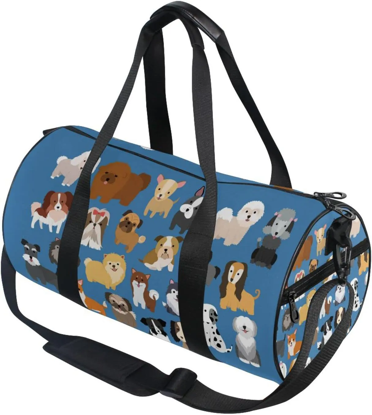 Cute Dogs Puppies Set Seamless on Dark Blue Duffel Bag, Foldable Canvas Travel Tote for Gym Sports with Inner Pockets, Durable Lightweight Fitness Bag for Overnight Workout
