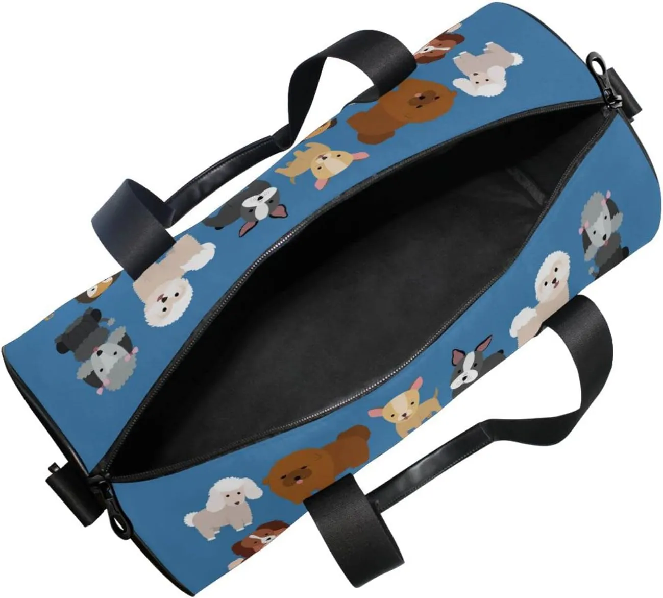Cute Dogs Puppies Set Seamless on Dark Blue Duffel Bag, Foldable Canvas Travel Tote for Gym Sports with Inner Pockets, Durable Lightweight Fitness Bag for Overnight Workout