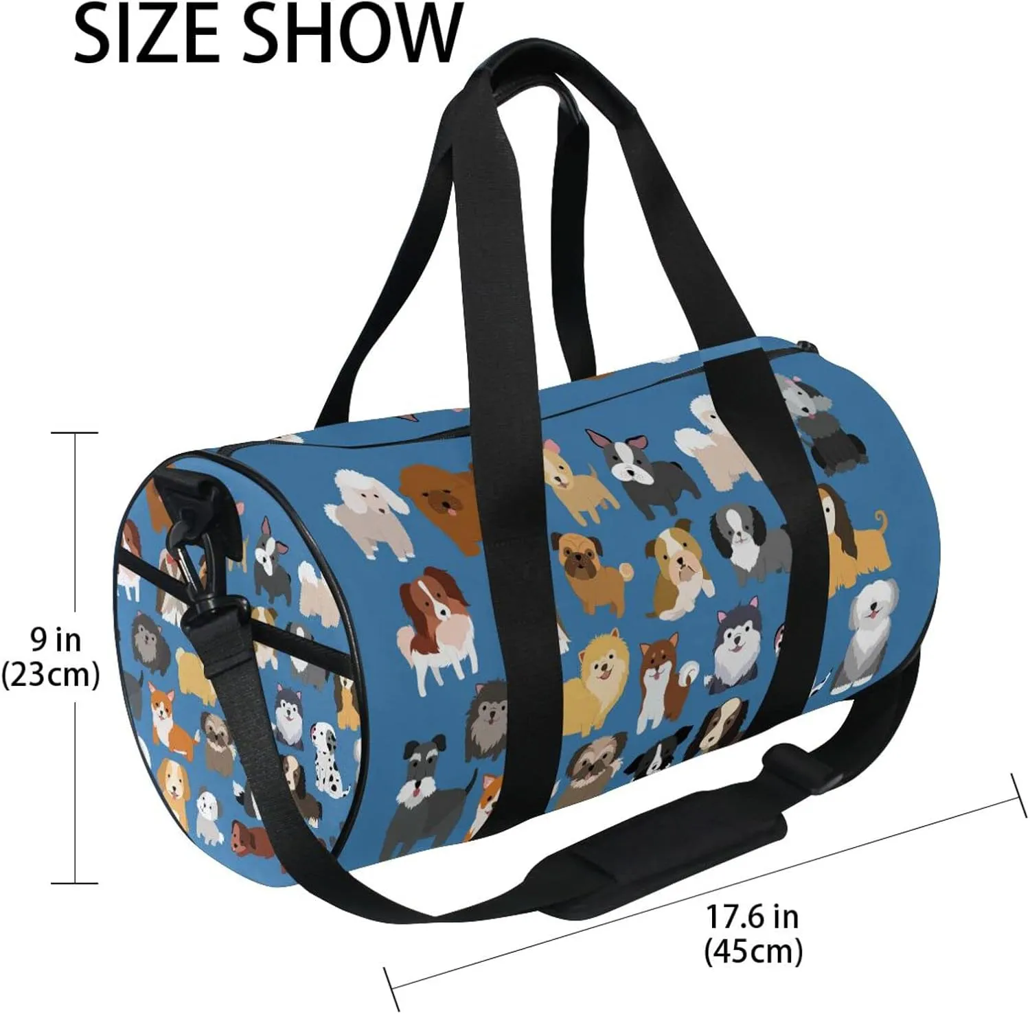 Cute Dogs Puppies Set Seamless on Dark Blue Duffel Bag, Foldable Canvas Travel Tote for Gym Sports with Inner Pockets, Durable Lightweight Fitness Bag for Overnight Workout