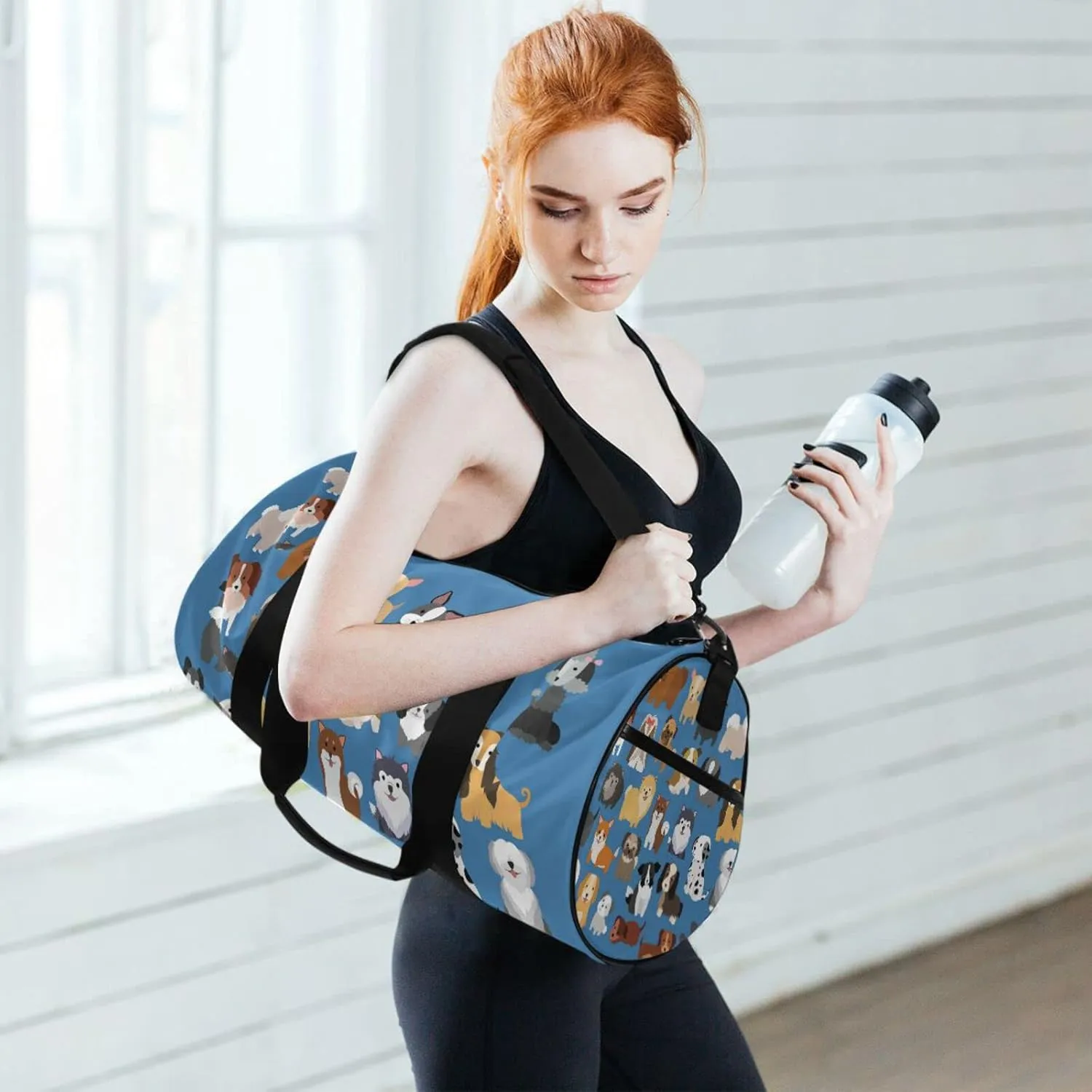 Cute Dogs Puppies Set Seamless on Dark Blue Duffel Bag, Foldable Canvas Travel Tote for Gym Sports with Inner Pockets, Durable Lightweight Fitness Bag for Overnight Workout