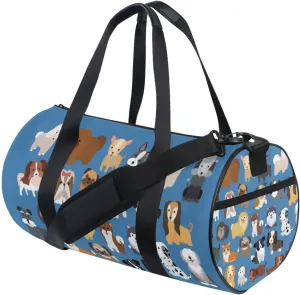 Cute Dogs Puppies Set Seamless on Dark Blue Duffel Bag, Foldable Canvas Travel Tote for Gym Sports with Inner Pockets, Durable Lightweight Fitness Bag for Overnight Workout