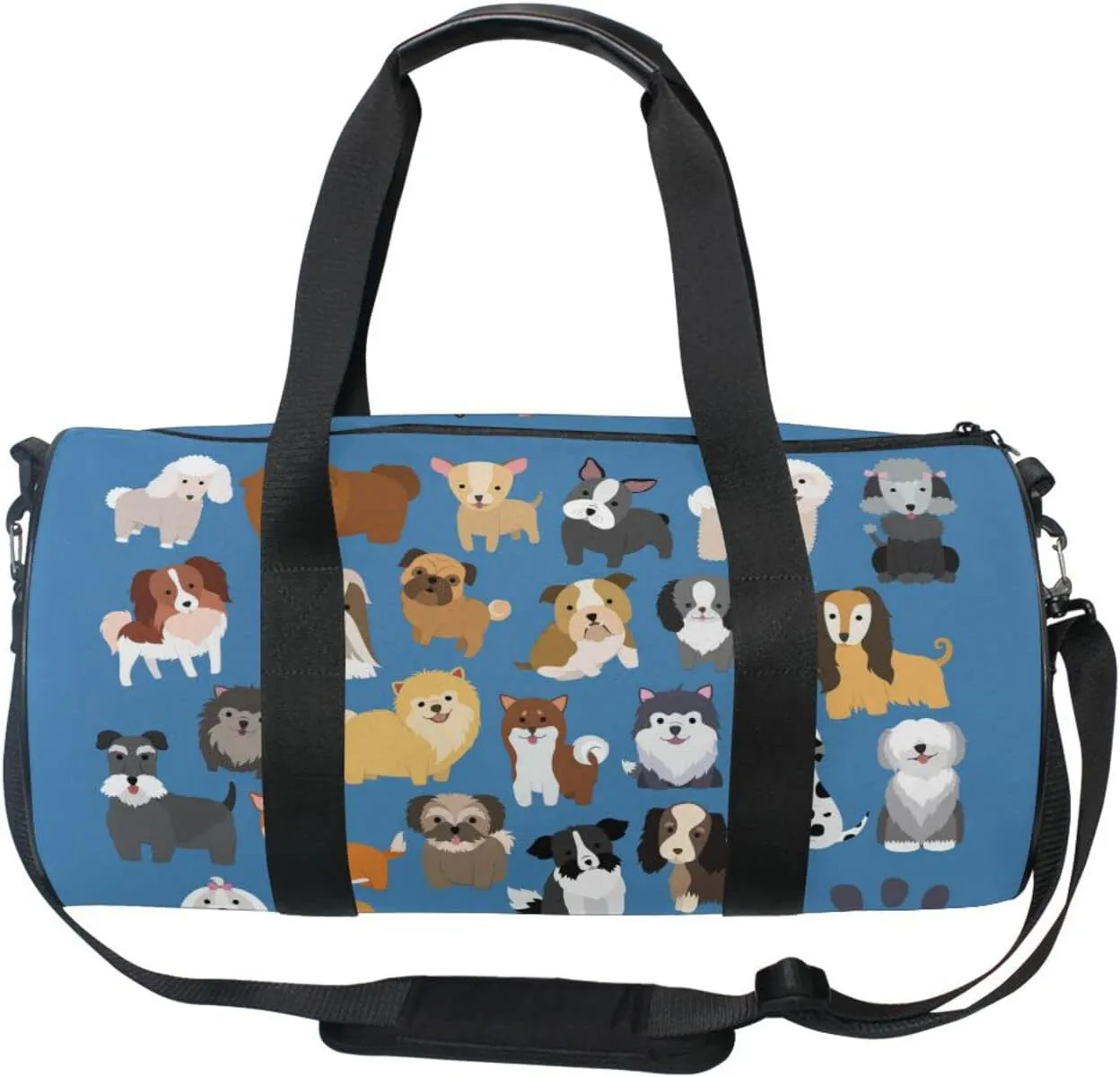 Cute Dogs Puppies Set Seamless on Dark Blue Duffel Bag, Foldable Canvas Travel Tote for Gym Sports with Inner Pockets, Durable Lightweight Fitness Bag for Overnight Workout