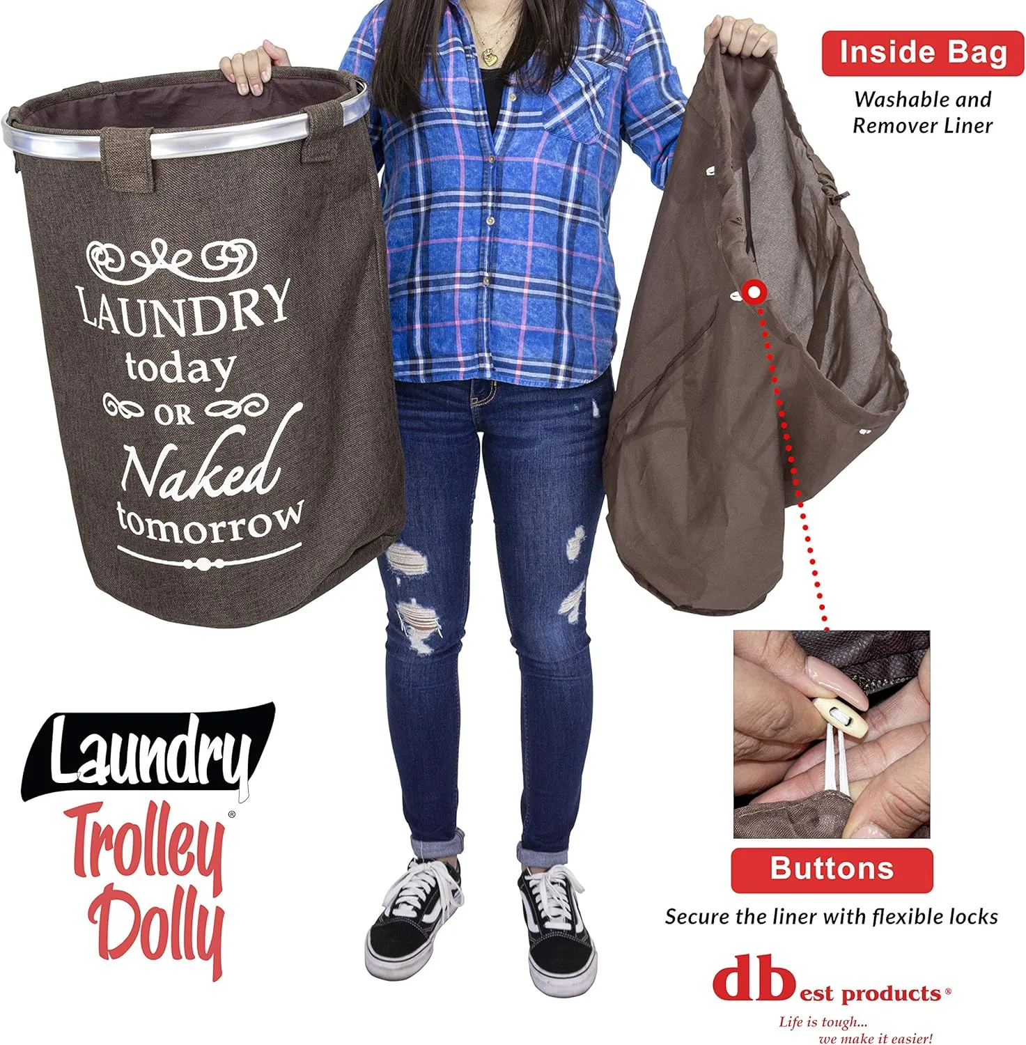 dbest products Laundry Trolley Dolly, Brown Laundry Bag Hamper Basket cart with wheels sorter