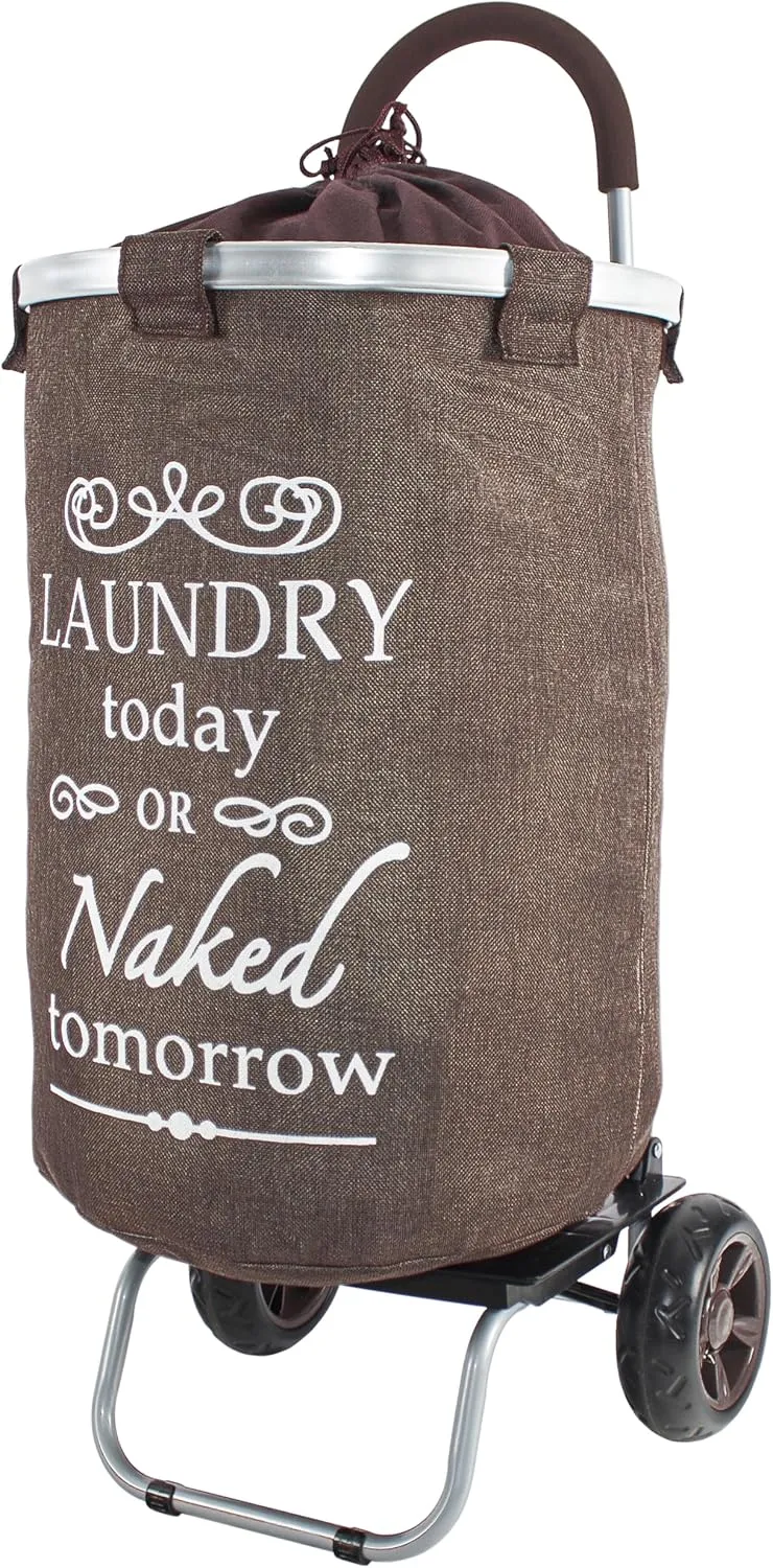 dbest products Laundry Trolley Dolly, Brown Laundry Bag Hamper Basket cart with wheels sorter
