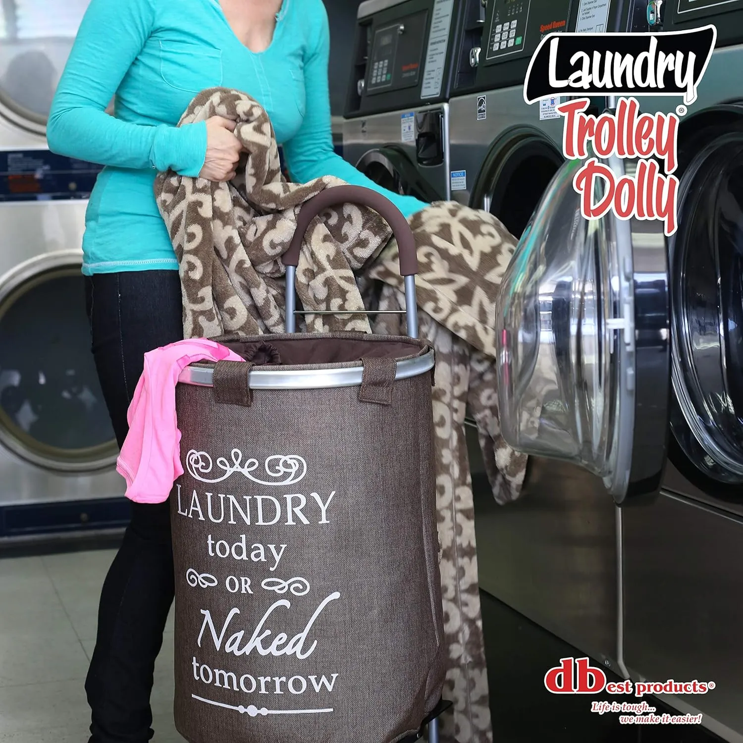 dbest products Laundry Trolley Dolly, Brown Laundry Bag Hamper Basket cart with wheels sorter