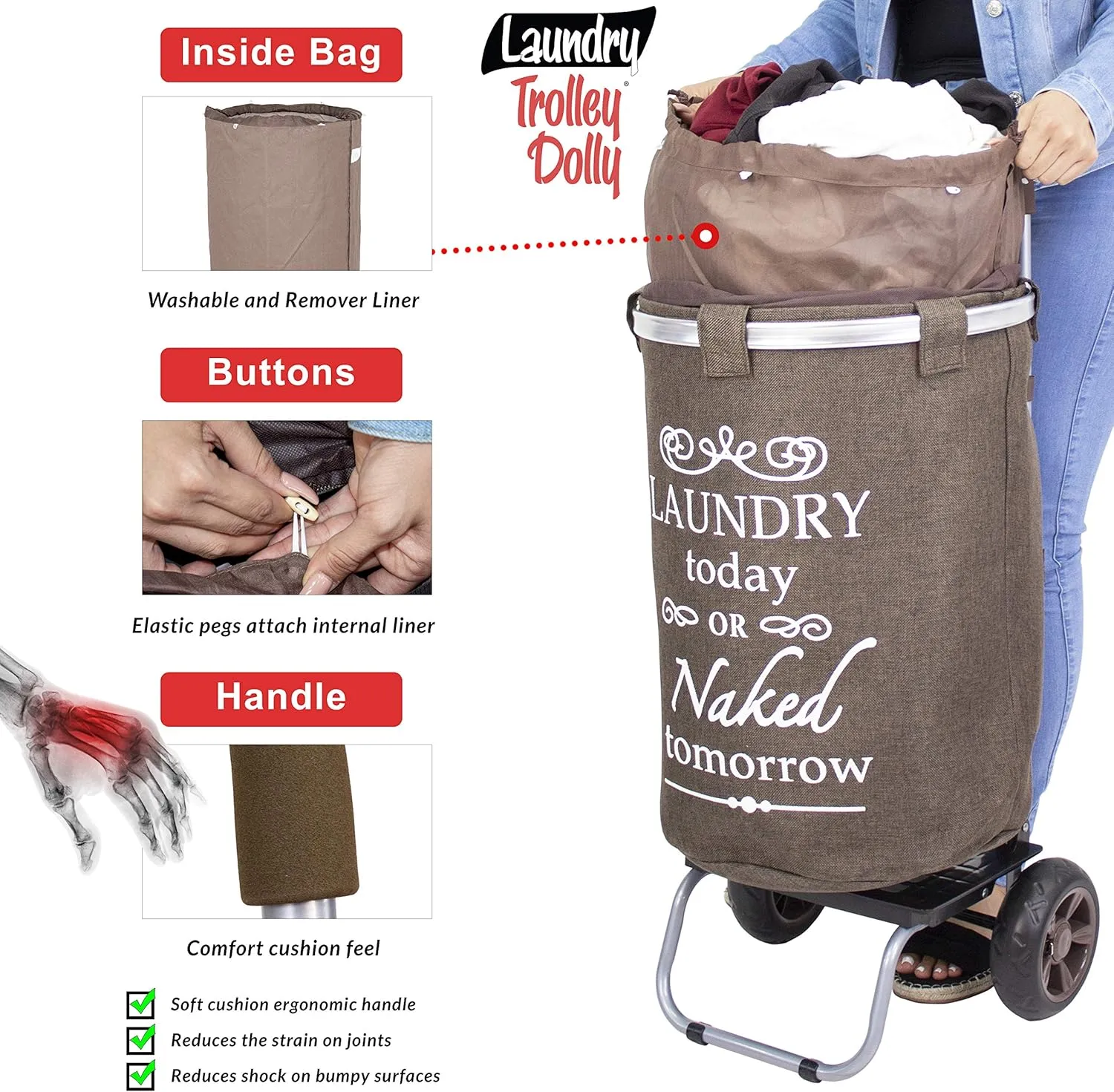 dbest products Laundry Trolley Dolly, Brown Laundry Bag Hamper Basket cart with wheels sorter