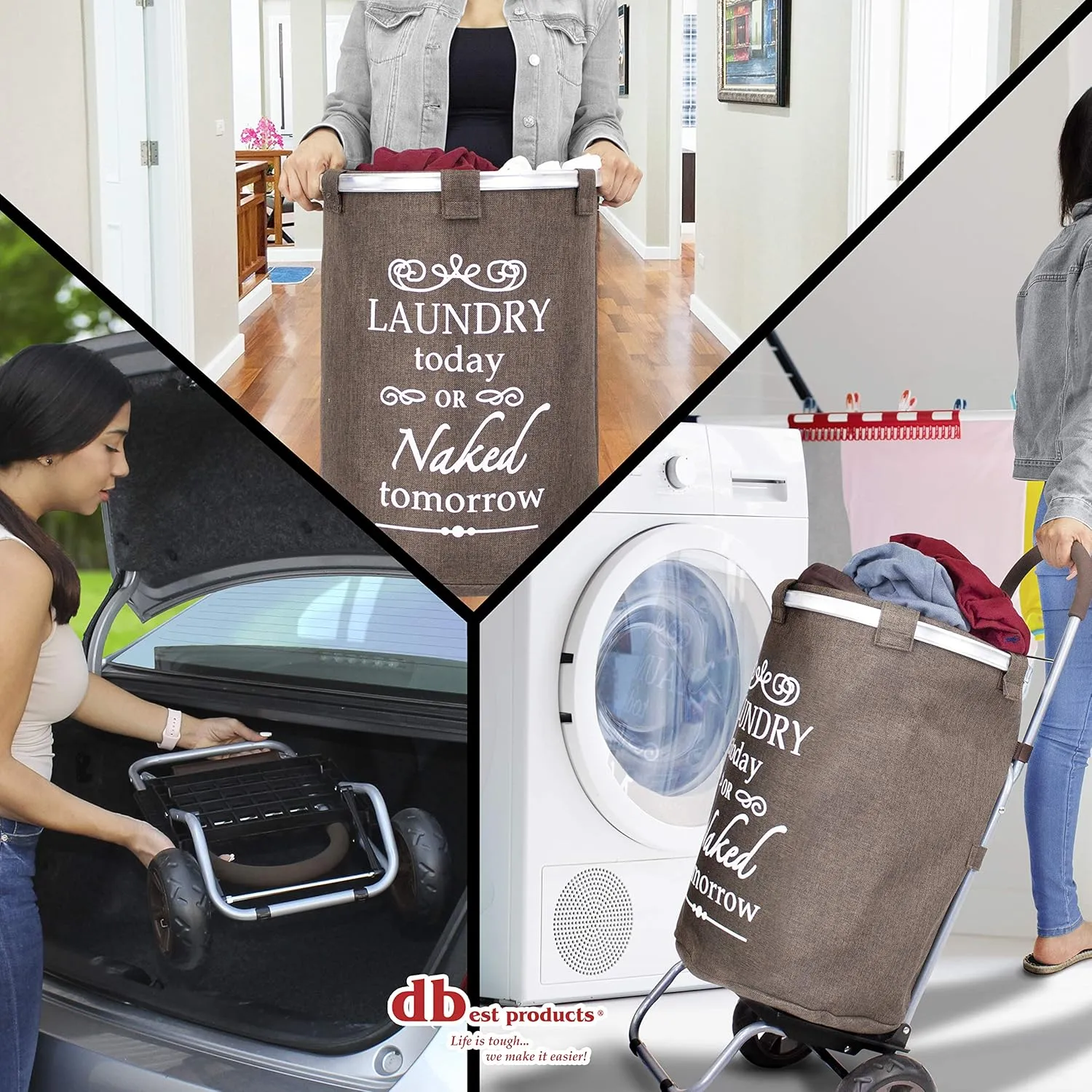 dbest products Laundry Trolley Dolly, Brown Laundry Bag Hamper Basket cart with wheels sorter