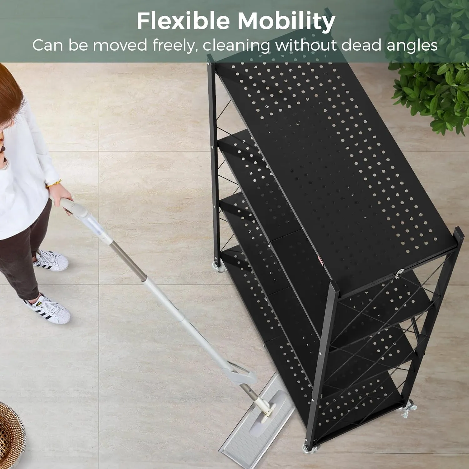 DEANIC 4 Tier Foldable Storage Shelves with Wheels, Large Capacity Shelving Unit, Freestanding Metal Wire Shelf Rack, No Assembly Organizer Rack for Garage Kitchen, Basement, Pantry(Black)