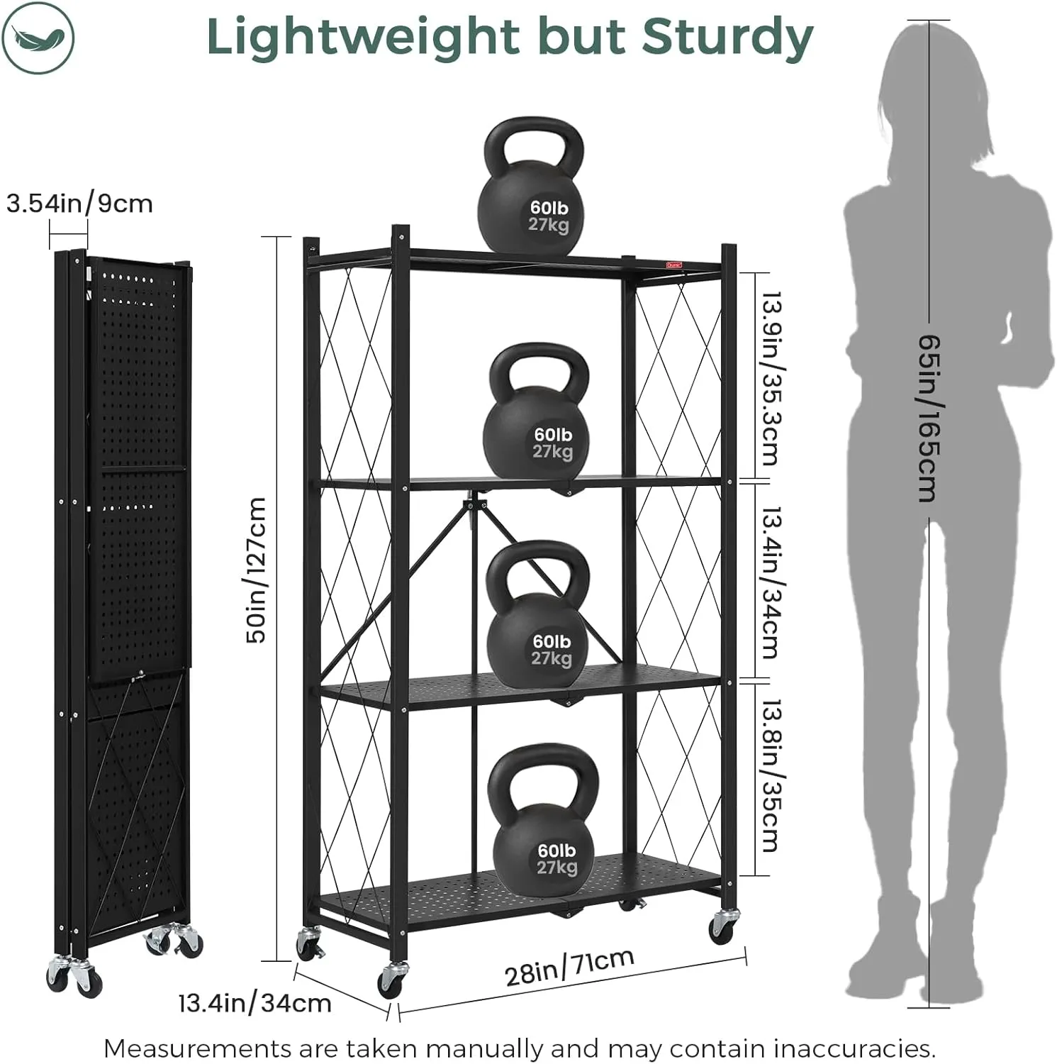 DEANIC 4 Tier Foldable Storage Shelves with Wheels, Large Capacity Shelving Unit, Freestanding Metal Wire Shelf Rack, No Assembly Organizer Rack for Garage Kitchen, Basement, Pantry(Black)