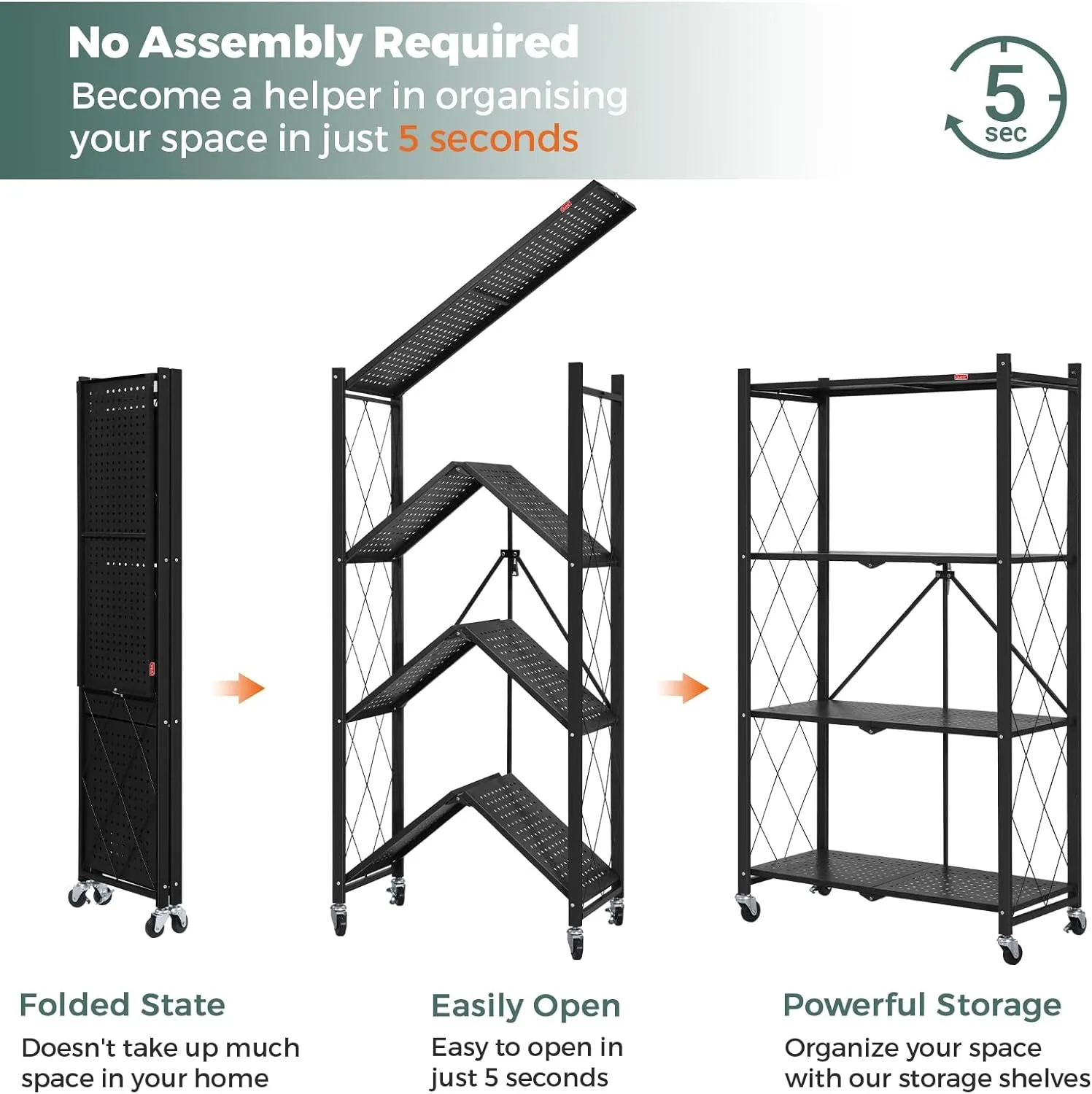DEANIC 4 Tier Foldable Storage Shelves with Wheels, Large Capacity Shelving Unit, Freestanding Metal Wire Shelf Rack, No Assembly Organizer Rack for Garage Kitchen, Basement, Pantry(Black)
