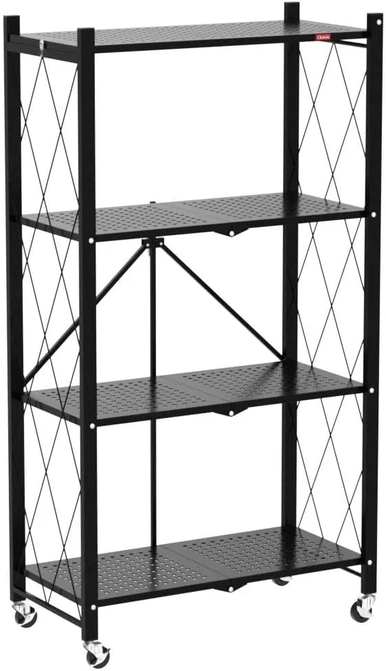 DEANIC 4 Tier Foldable Storage Shelves with Wheels, Large Capacity Shelving Unit, Freestanding Metal Wire Shelf Rack, No Assembly Organizer Rack for Garage Kitchen, Basement, Pantry(Black)