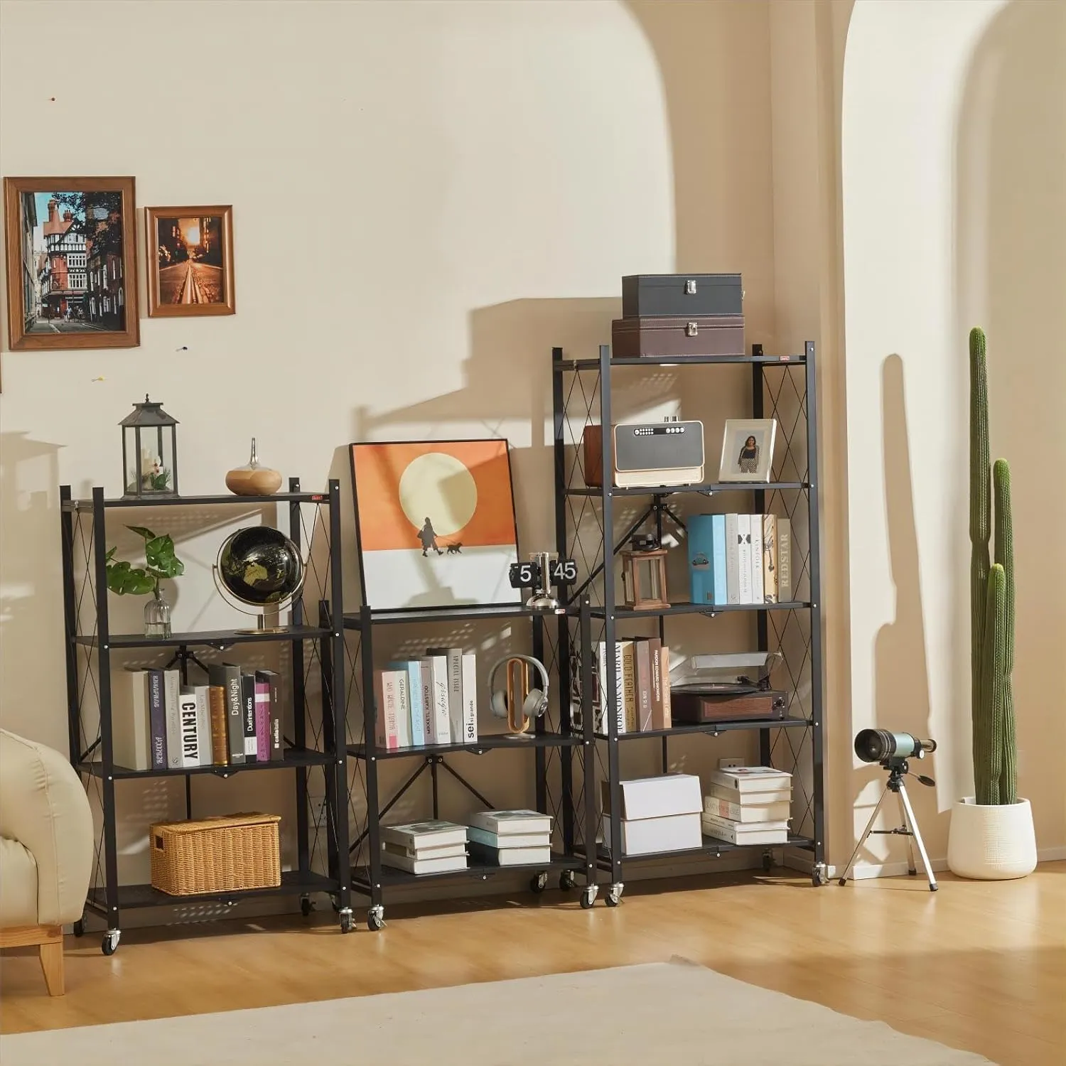 DEANIC 4 Tier Foldable Storage Shelves with Wheels, Large Capacity Shelving Unit, Freestanding Metal Wire Shelf Rack, No Assembly Organizer Rack for Garage Kitchen, Basement, Pantry(Black)