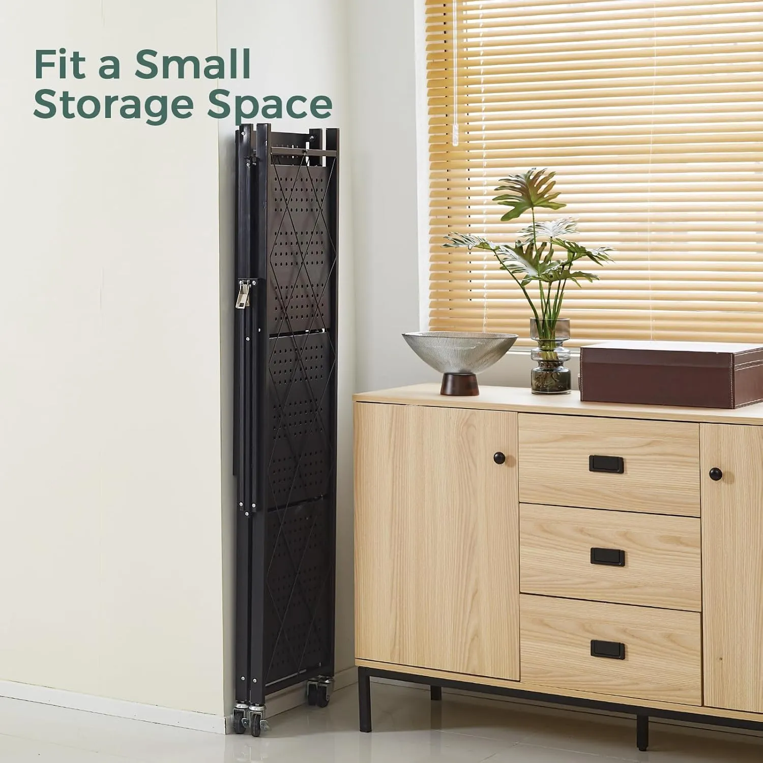 DEANIC 4 Tier Foldable Storage Shelves with Wheels, Large Capacity Shelving Unit, Freestanding Metal Wire Shelf Rack, No Assembly Organizer Rack for Garage Kitchen, Basement, Pantry(Black)