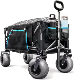 Deep Sand Beach Wagon with Big Air Wheels, Umbrella Pocket, Cargo Net & Cup Holders - Large All-Terrain Balloon Tires, Folding Utility Cart, [Heavy-Duty Steel Frame] Blue/Black