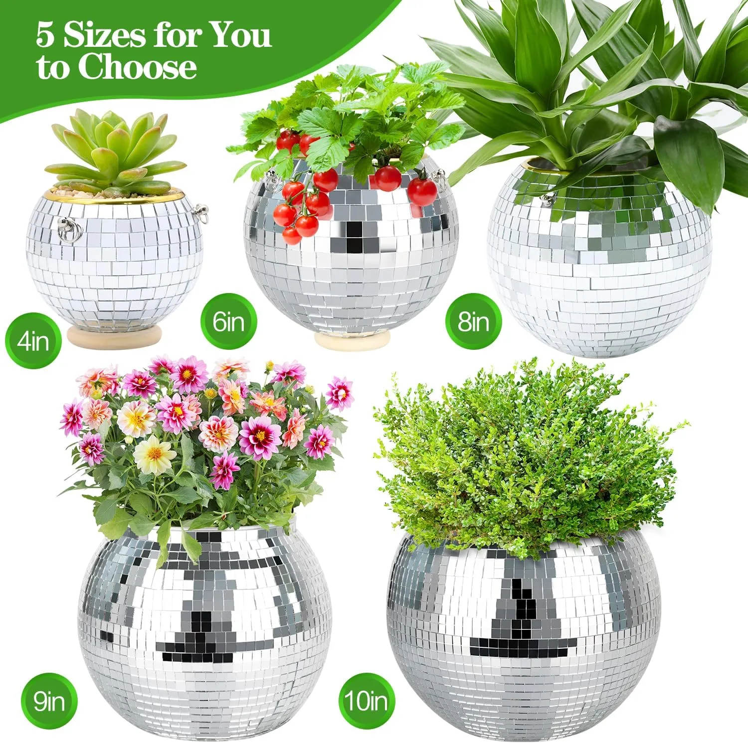 Disco Ball Planter, 4" Silver Disco Ball Planter, Disco Ball Plant Hanger with Hanging Rope, Hanging Chain, Hook, Circle and Extra Mirror Pieces (4" Silver, 1pcs)