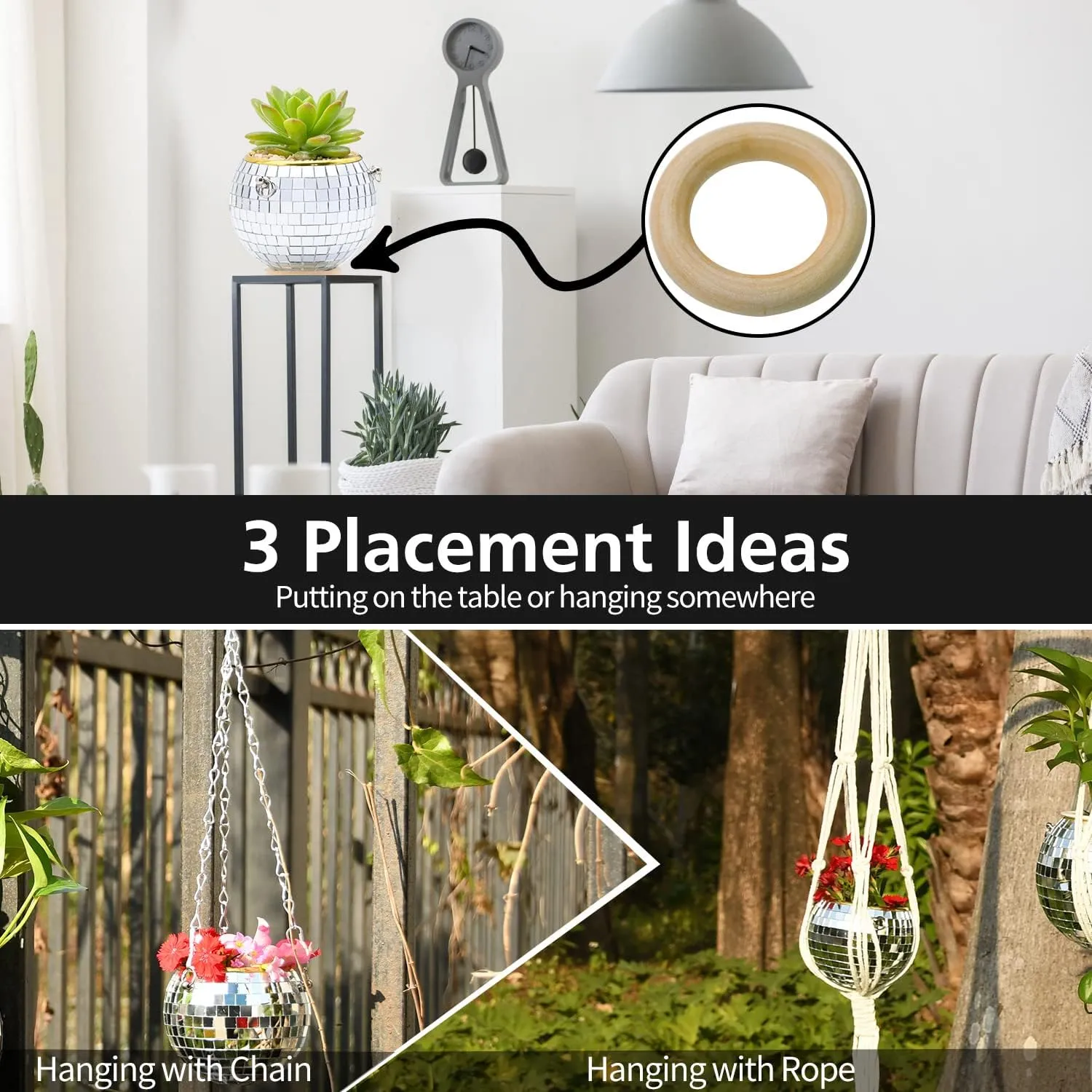 Disco Ball Planter, 4" Silver Disco Ball Planter, Disco Ball Plant Hanger with Hanging Rope, Hanging Chain, Hook, Circle and Extra Mirror Pieces (4" Silver, 1pcs)