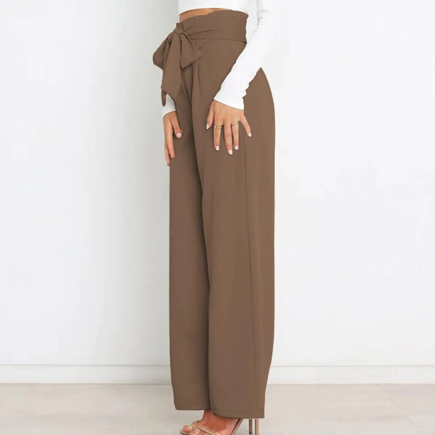 DOLKFU Womens Belted High Waist Business Casual Pants Straight Wide Leg Trousers Fashion Loose Comfy Pants