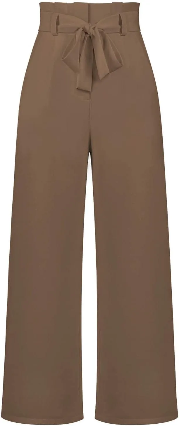 DOLKFU Womens Belted High Waist Business Casual Pants Straight Wide Leg Trousers Fashion Loose Comfy Pants