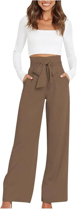 DOLKFU Womens Belted High Waist Business Casual Pants Straight Wide Leg Trousers Fashion Loose Comfy Pants