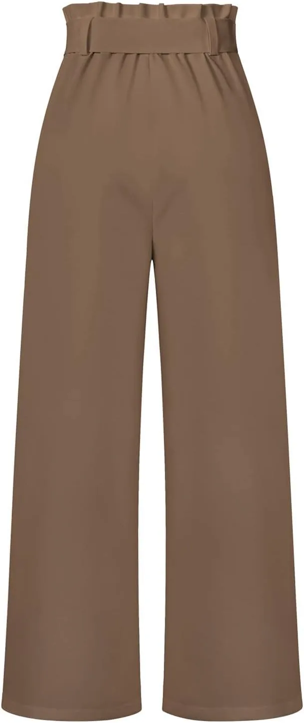 DOLKFU Womens Belted High Waist Business Casual Pants Straight Wide Leg Trousers Fashion Loose Comfy Pants