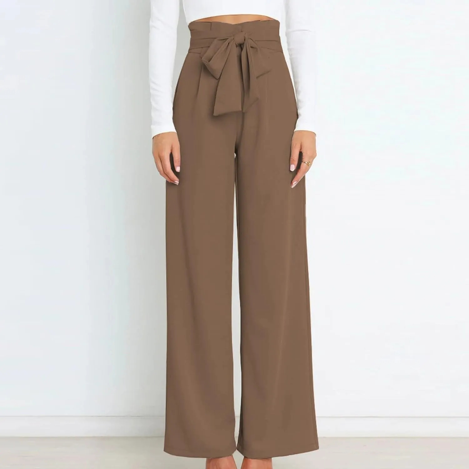 DOLKFU Womens Belted High Waist Business Casual Pants Straight Wide Leg Trousers Fashion Loose Comfy Pants