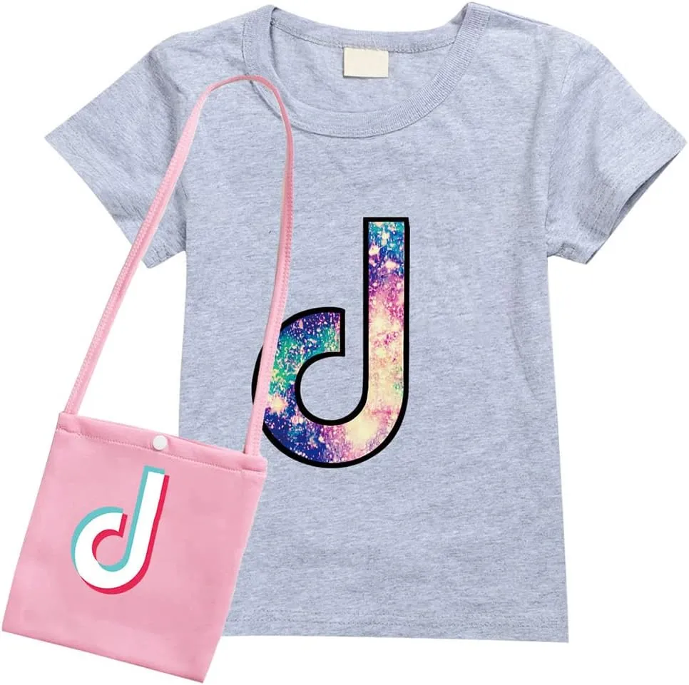 D.O.T Summer Sportswear TIC TOC Girls T-Shirt Round Neck top with Bag for Kids