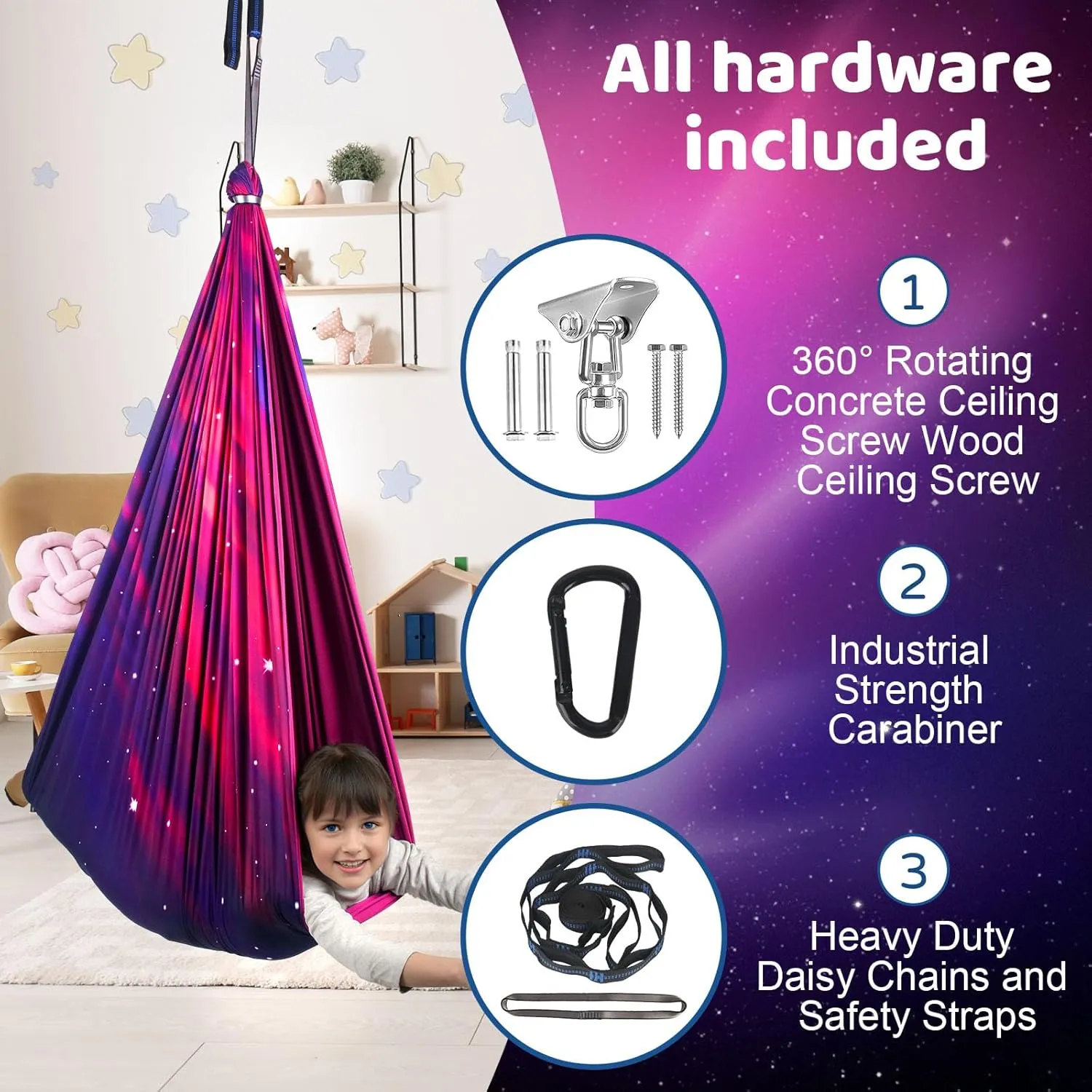 Double Layer Sensory Swing for Kids & Adults Holds up to 300lbs Indoor and Outdoor Therapy Cuddle Swing with 360° Swivel Hanger Kit Adjustable Swing with Aspergers Autism ADHD (Galaxy Purple)