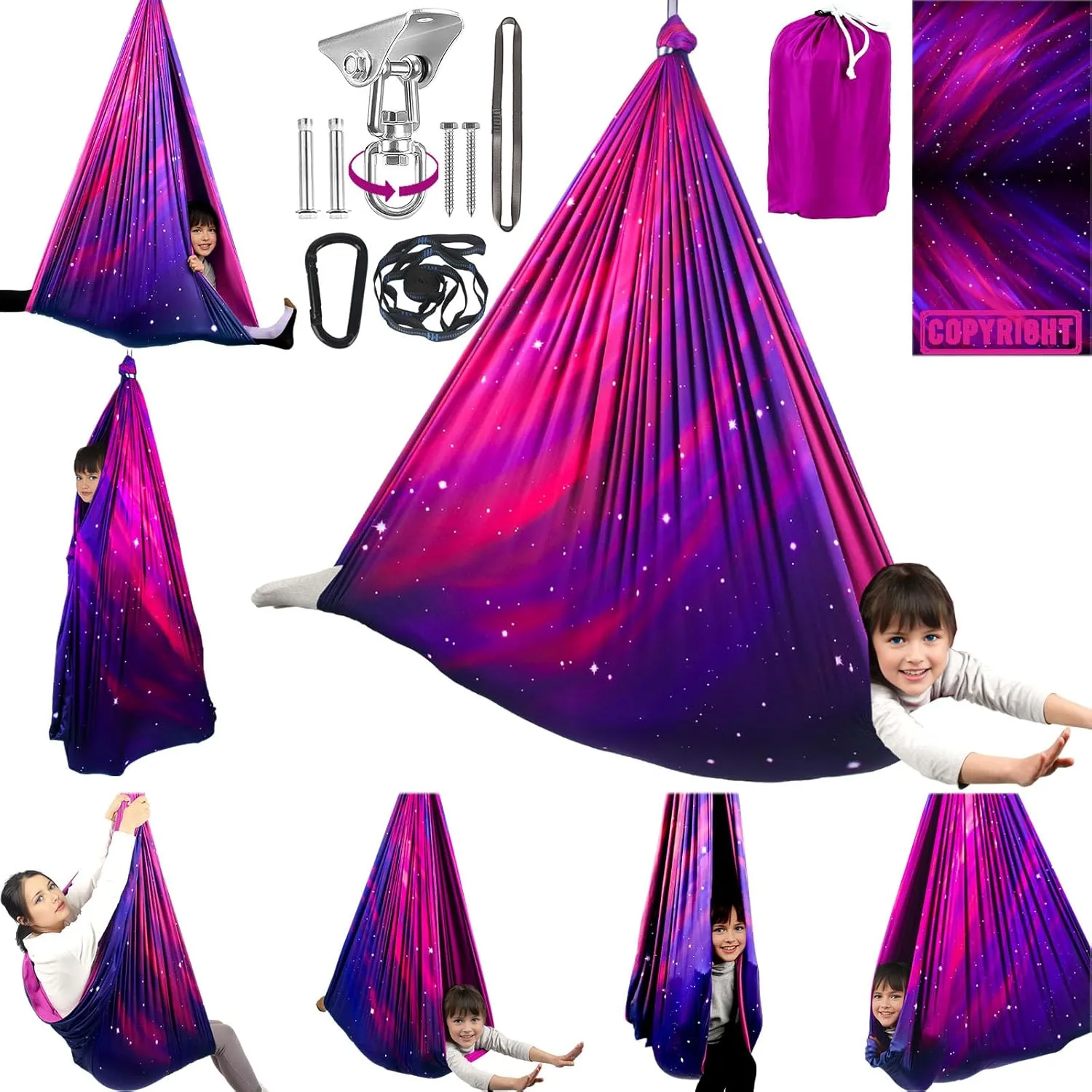 Double Layer Sensory Swing for Kids & Adults Holds up to 300lbs Indoor and Outdoor Therapy Cuddle Swing with 360° Swivel Hanger Kit Adjustable Swing with Aspergers Autism ADHD (Galaxy Purple)