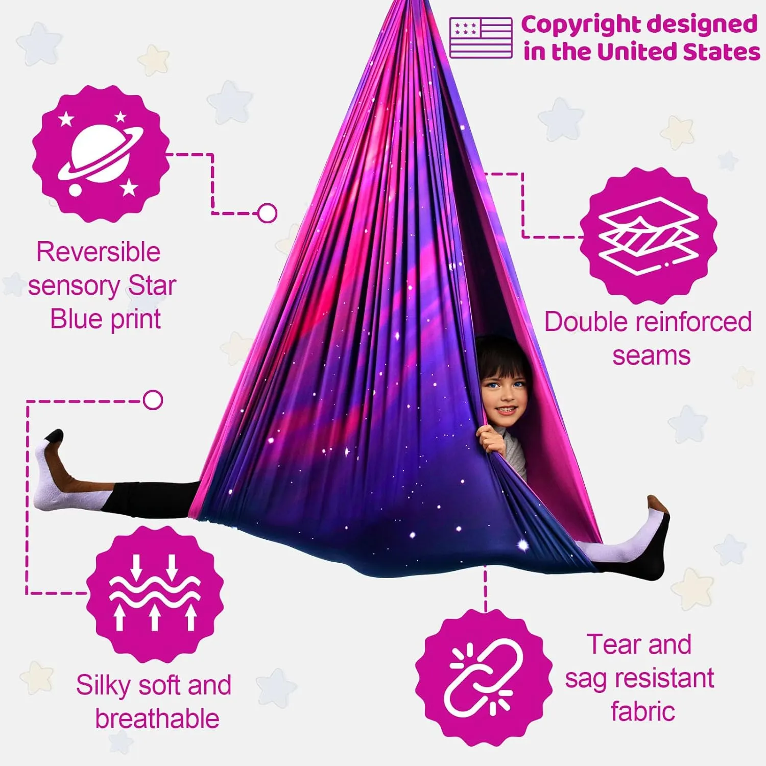 Double Layer Sensory Swing for Kids & Adults Holds up to 300lbs Indoor and Outdoor Therapy Cuddle Swing with 360° Swivel Hanger Kit Adjustable Swing with Aspergers Autism ADHD (Galaxy Purple)