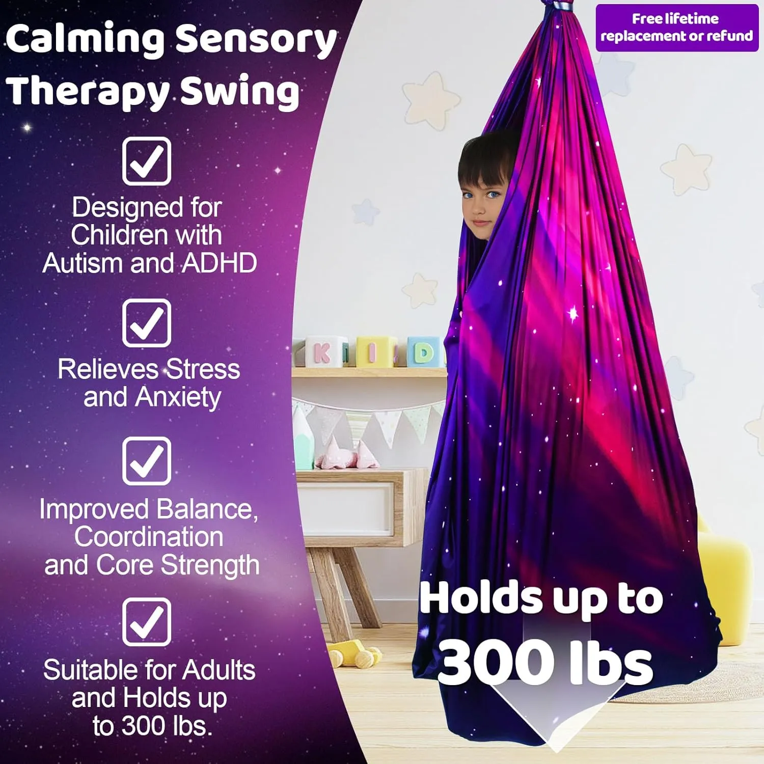 Double Layer Sensory Swing for Kids & Adults Holds up to 300lbs Indoor and Outdoor Therapy Cuddle Swing with 360° Swivel Hanger Kit Adjustable Swing with Aspergers Autism ADHD (Galaxy Purple)