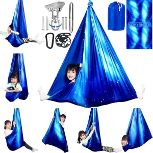 Double Layer Sensory Swing for Kids & Adults Holds up to 300lbs Indoor and Outdoor Therapy Cuddle Swing with 360° Swivel Hanger Kit Adjustable Swing with Aspergers Autism ADHD (Star Blue)
