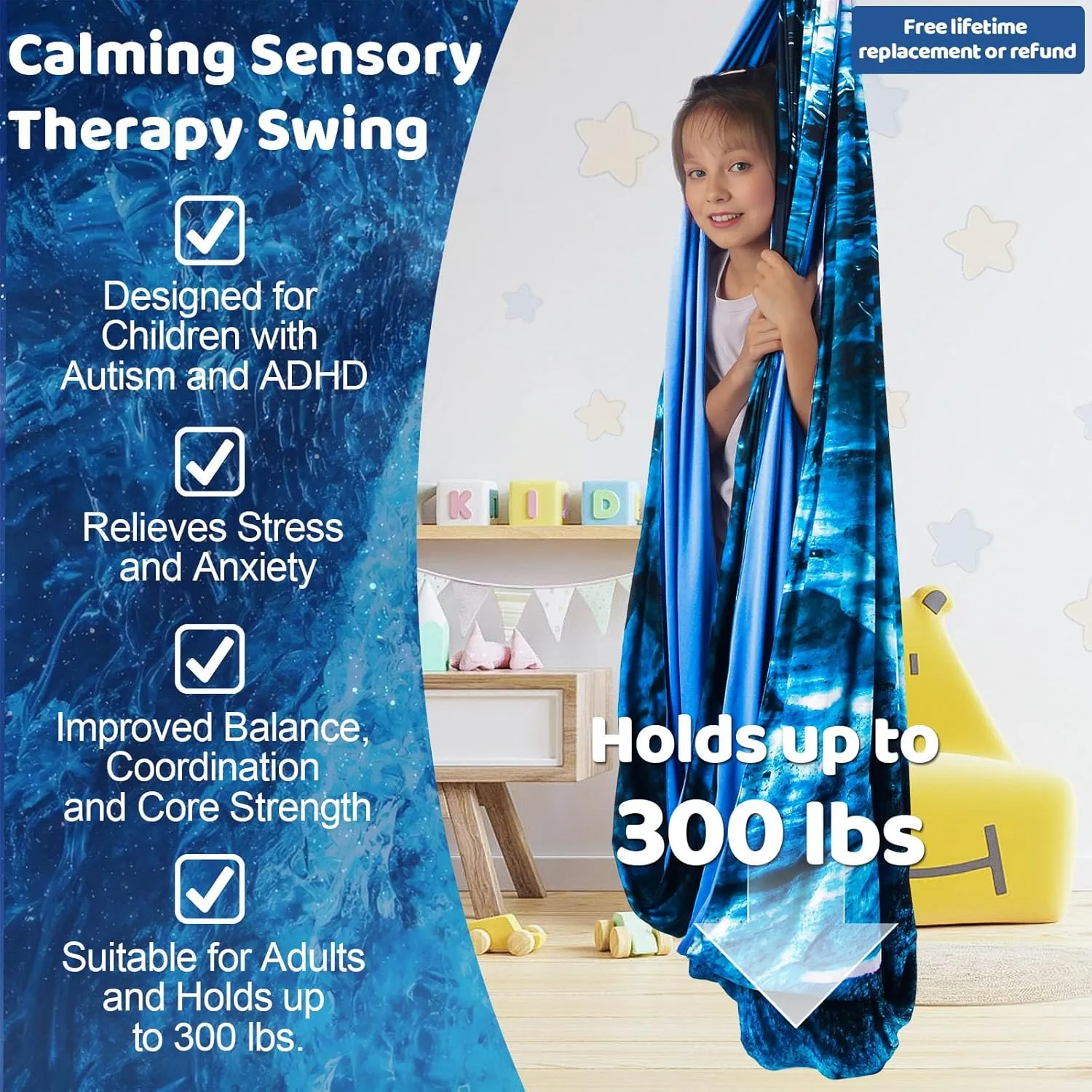 Double Layer Sensory Swing for Kids & Adults - Indoor and Outdoor Therapy Cuddle Swing With 360 Swivel Hanger Kit - Holds up to 300lbs - Adjustable for Aspergers, Autism, ADHD (Ice Teal)