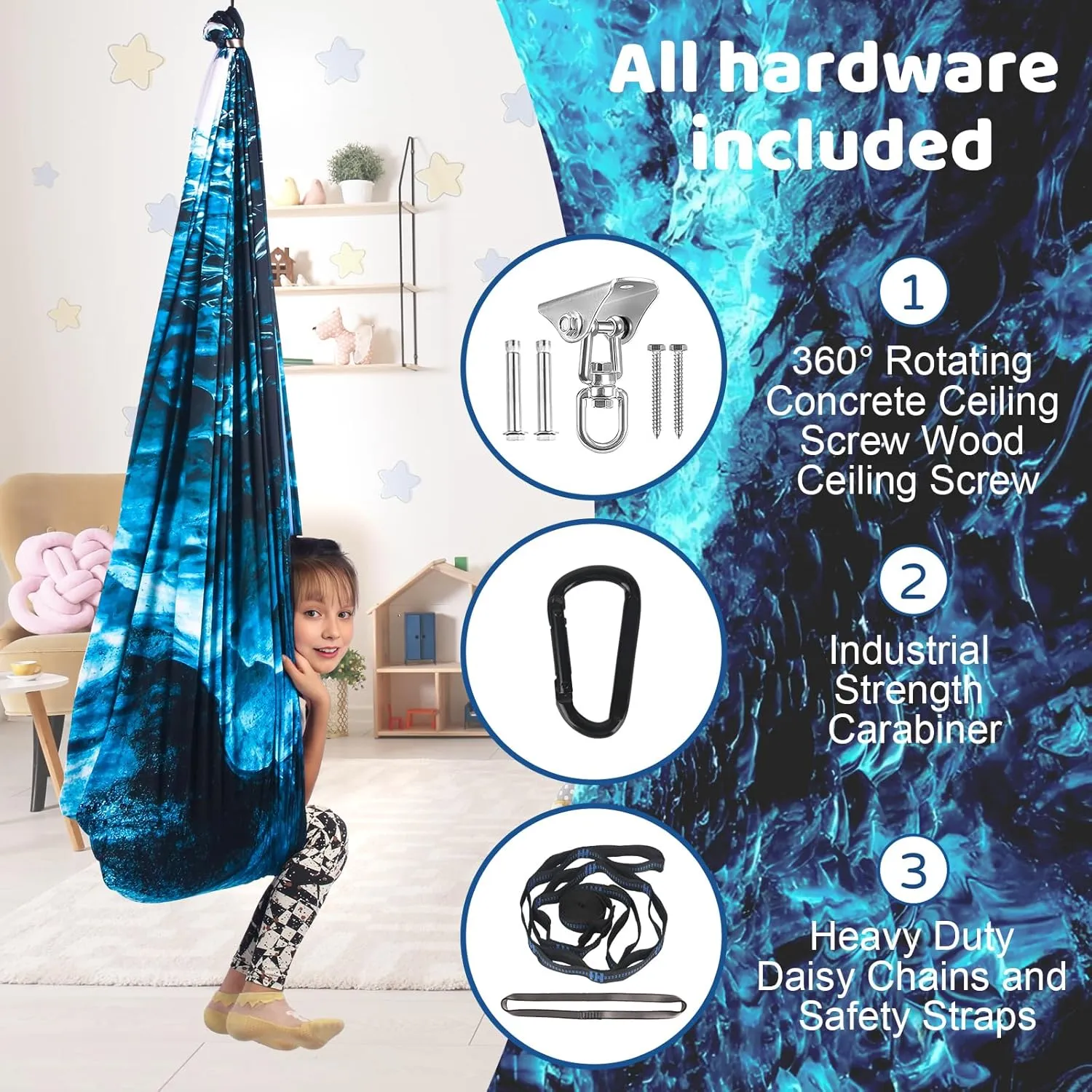 Double Layer Sensory Swing for Kids & Adults - Indoor and Outdoor Therapy Cuddle Swing With 360 Swivel Hanger Kit - Holds up to 300lbs - Adjustable for Aspergers, Autism, ADHD (Ice Teal)
