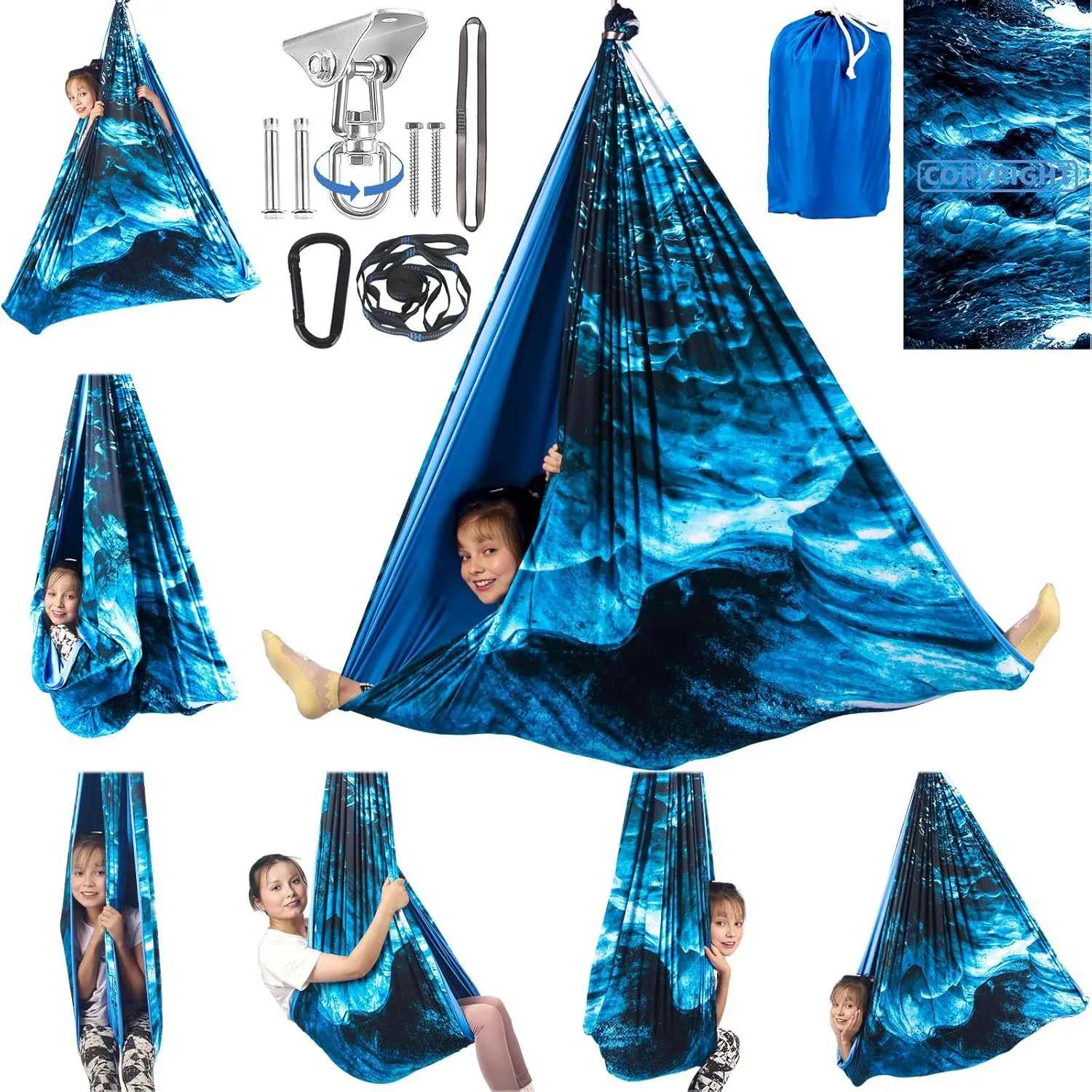 Double Layer Sensory Swing for Kids & Adults - Indoor and Outdoor Therapy Cuddle Swing With 360 Swivel Hanger Kit - Holds up to 300lbs - Adjustable for Aspergers, Autism, ADHD (Ice Teal)