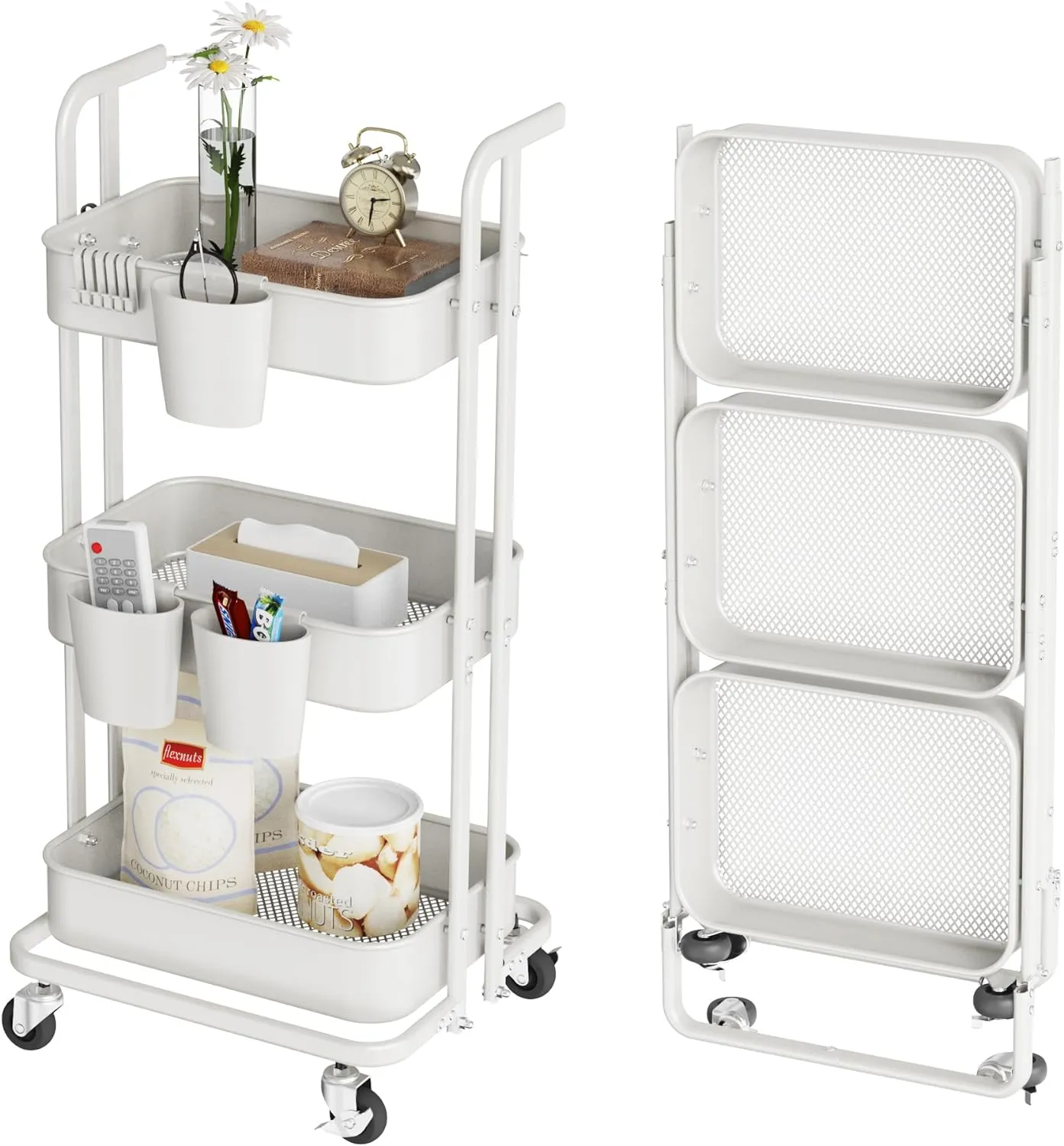 DTK 3 Tier Foldable Rolling Cart, Metal Utility Cart with Lockable Wheels, Folding Storage Trolley, 3 Small Baskets and 6 Hooks for Living Room, Kitchen, Bathroom, Bedroom and Office, White